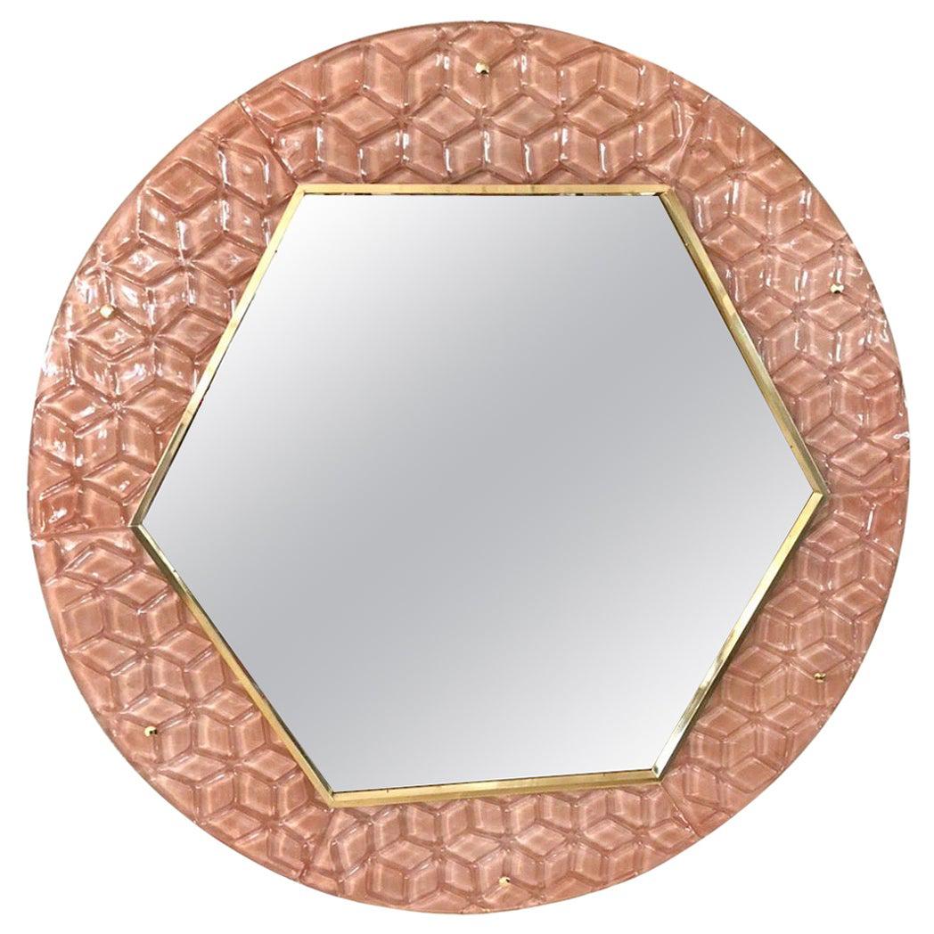 Bespoke Italian Custom Messing und texturiertem rosa Murano Glas Modern Round Mirror