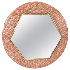 Bespoke Italian Custom Brass and Textured Pink Murano Glass Modern Round Mirror