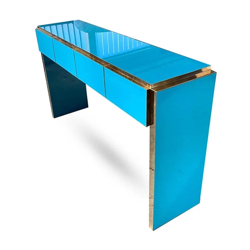 XXIe siècle et contemporain Table console centrale/commode sur mesure à 4 tiroirs en violet et laiton, design italien en vente