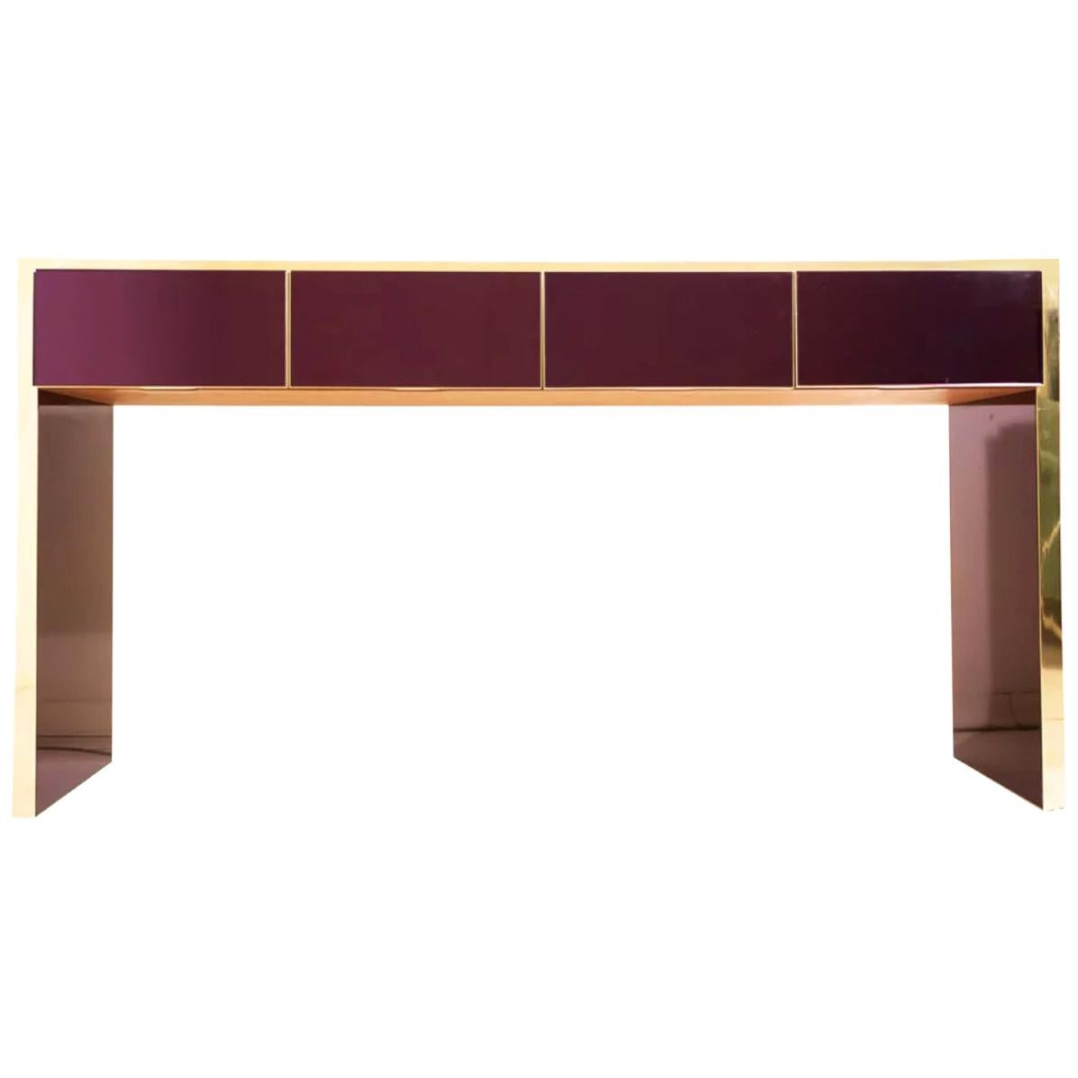 Konsolentisch/Sideboard, maßgeschneidertes italienisches Design mit 4 Schubladen, lila und Messing in der Mitte