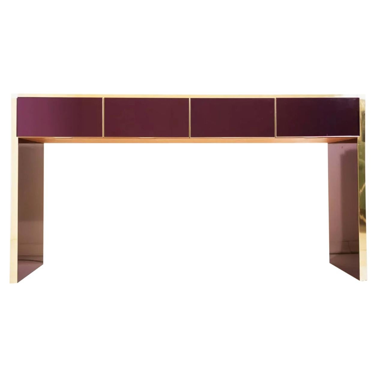 Table console centrale/commode sur mesure à 4 tiroirs en violet et laiton, design italien
