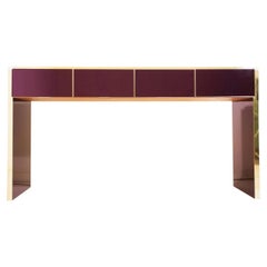 Table console centrale/commode sur mesure à 4 tiroirs en violet et laiton, design italien