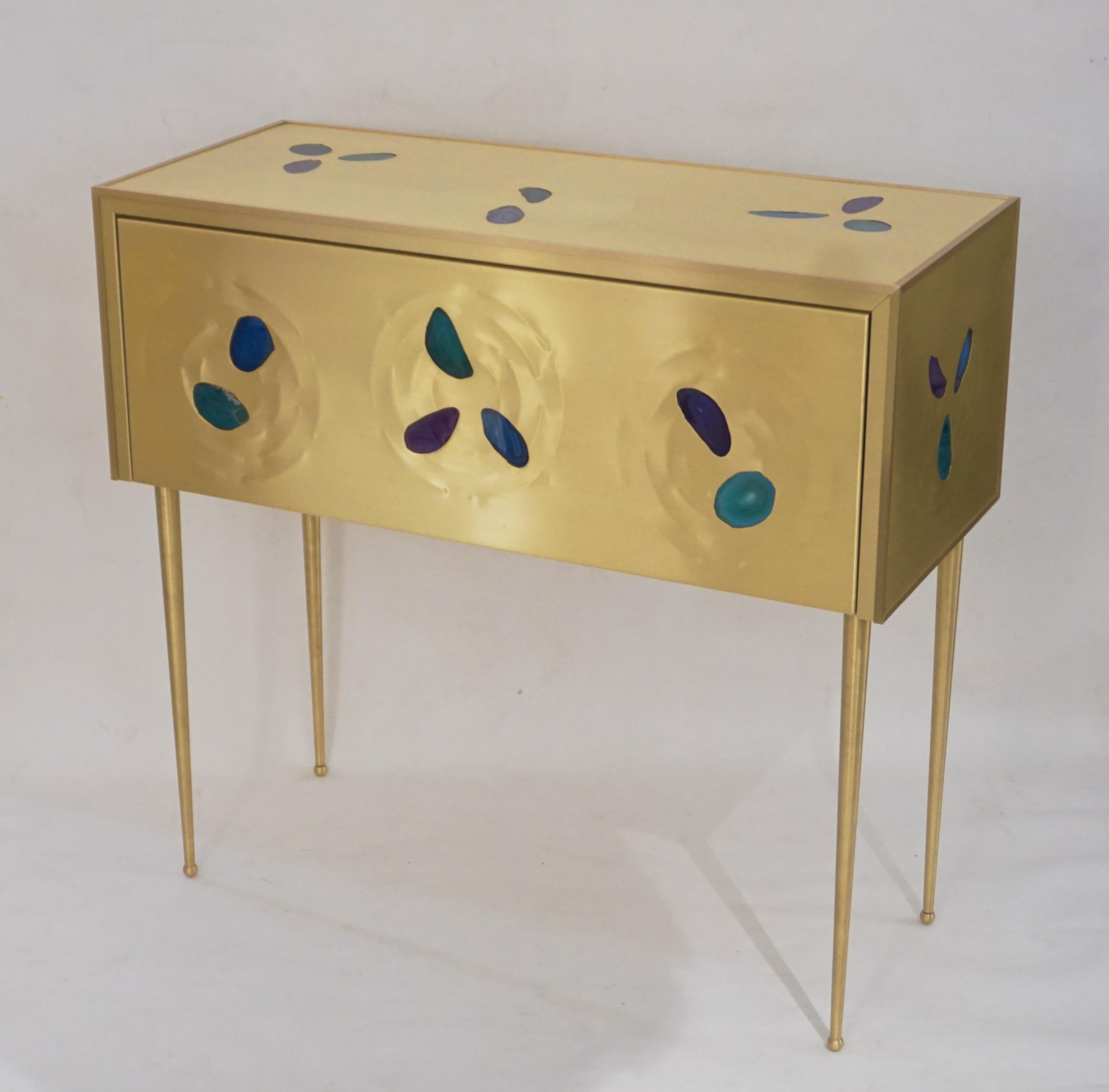 Bespoke Italian Design One Drawer Brass Console with Blue Green Purple Agate For Sale 3