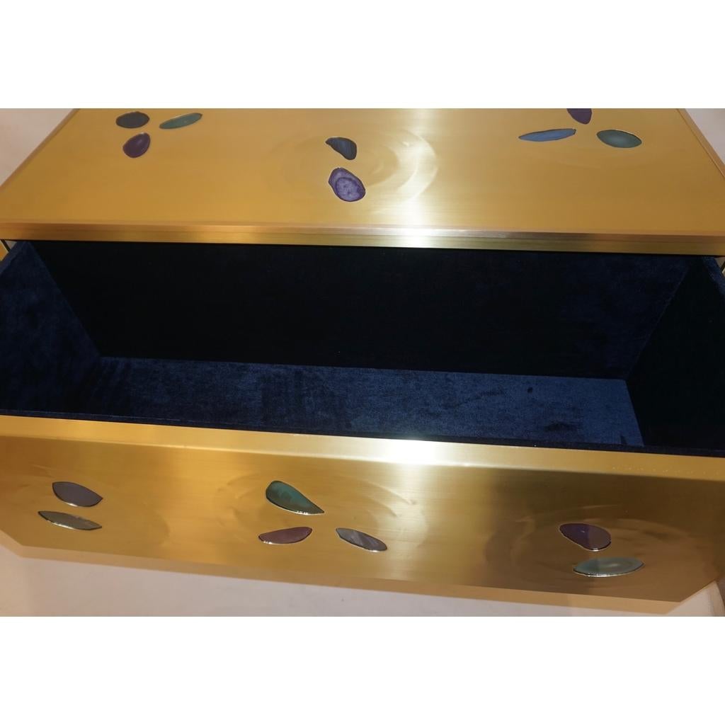 Bespoke Italian Design One-Drawer Brass Console with Blue Green Purple Agate For Sale 7