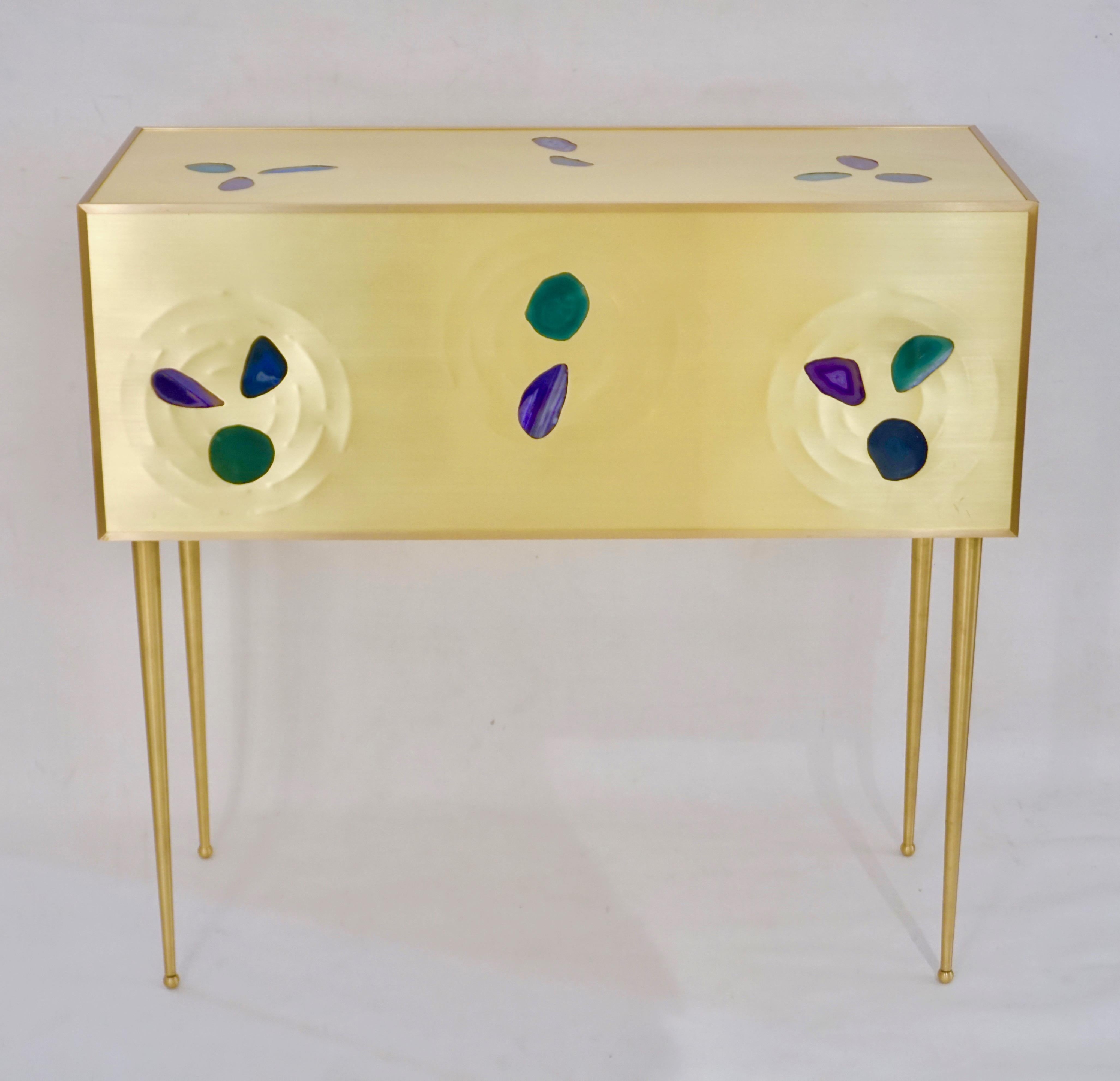Post-Modern Bespoke Italian Design One Drawer Brass Console with Blue Green Purple Agate For Sale