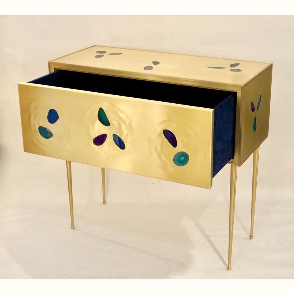 Post-Modern Bespoke Italian Design One-Drawer Brass Console with Blue Green Purple Agate For Sale
