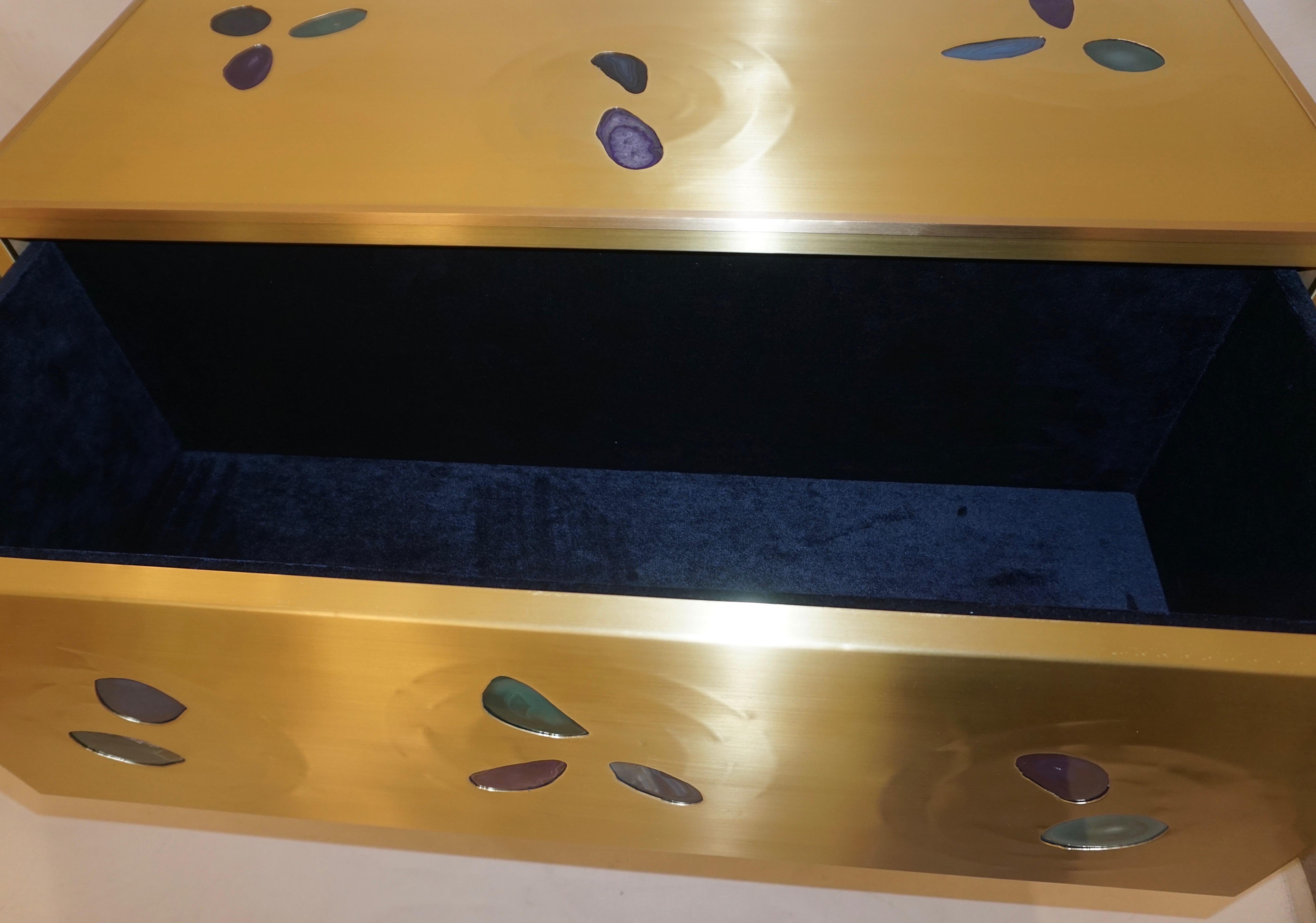 Bespoke Italian Design One Drawer Brass Console with Blue Green Purple Agate In New Condition For Sale In New York, NY