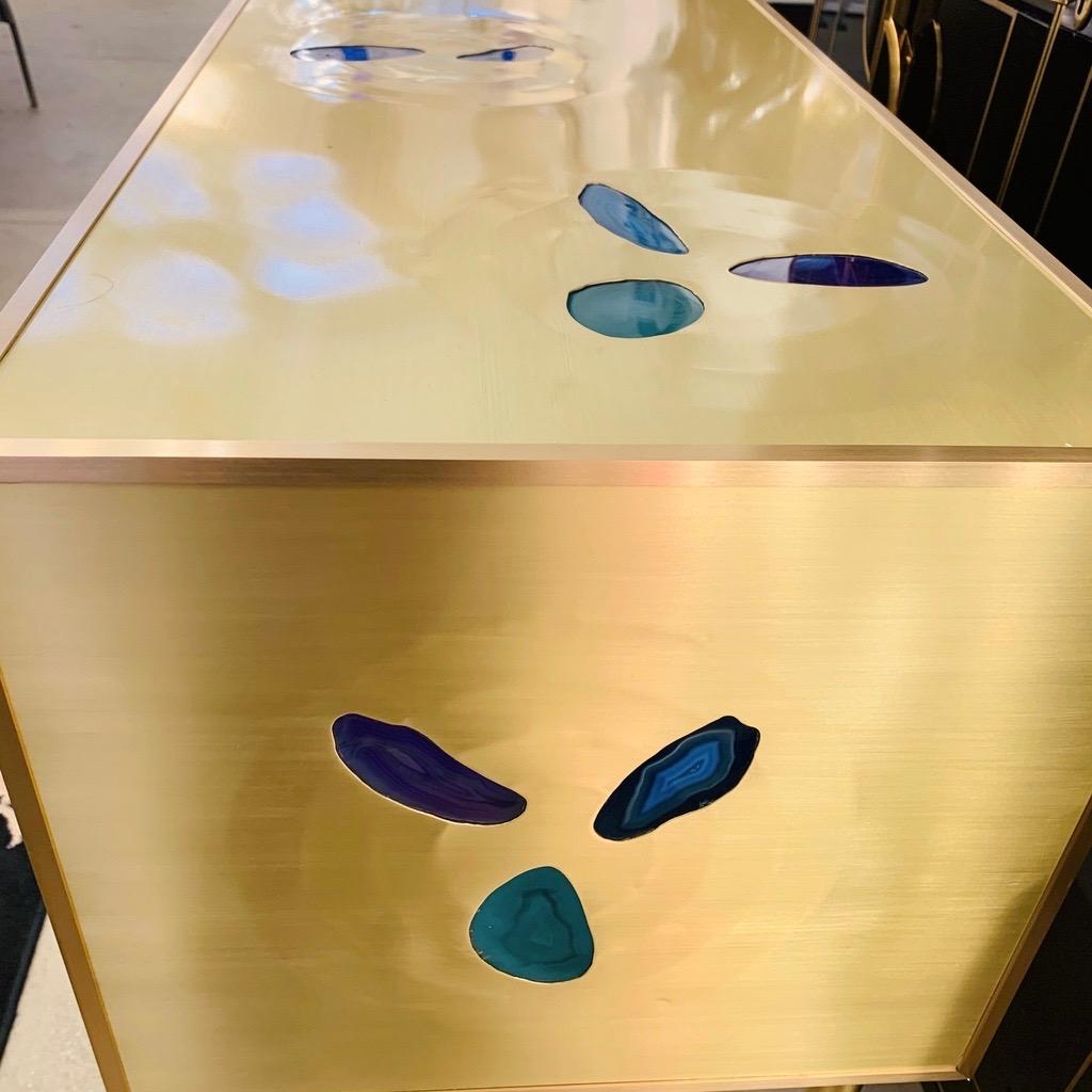 Bespoke Italian Design One-Drawer Brass Console with Blue Green Purple Agate In New Condition For Sale In New York, NY
