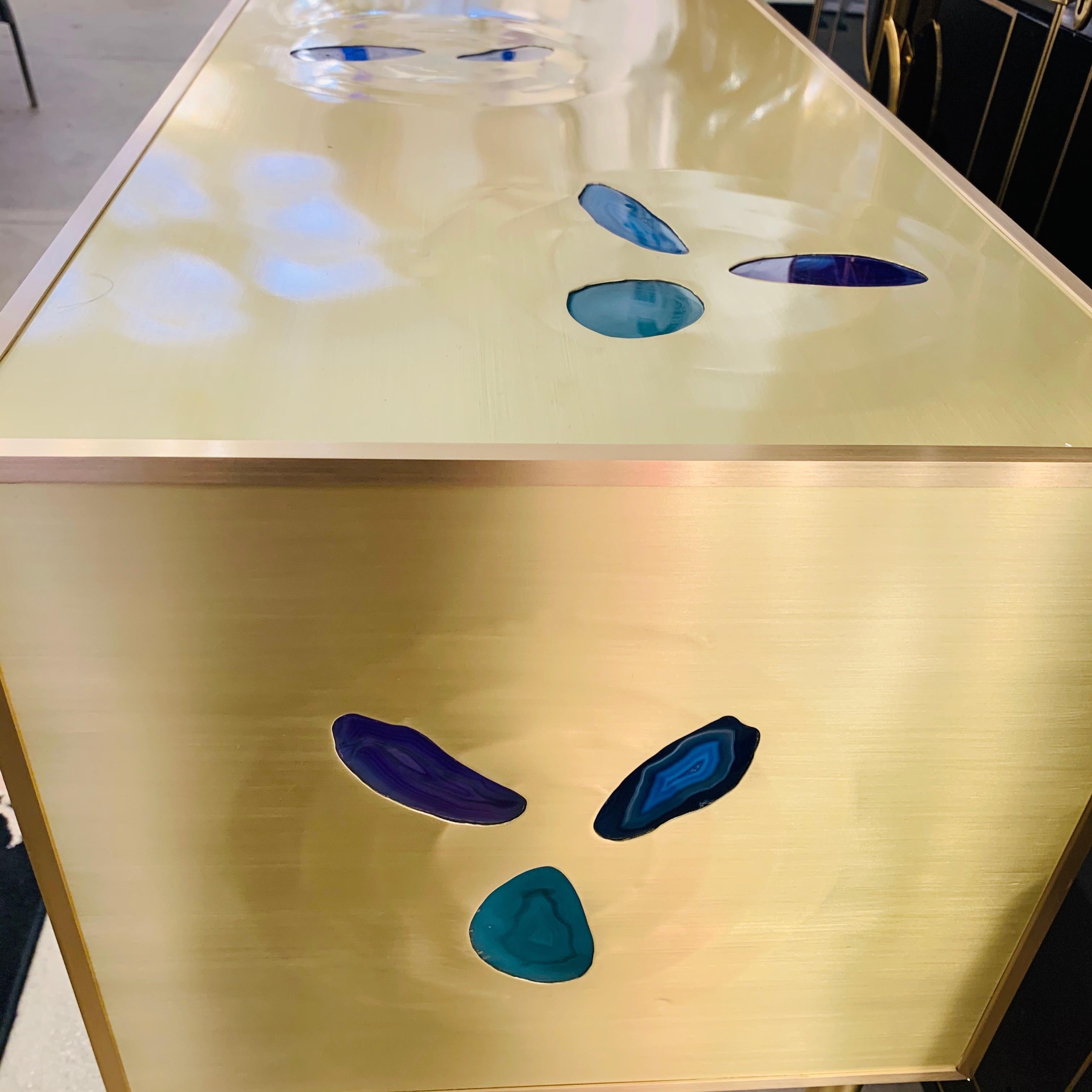 Contemporary Bespoke Italian Design One Drawer Brass Console with Blue Green Purple Agate For Sale