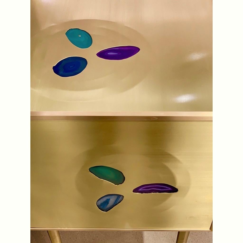 Contemporary Bespoke Italian Design One-Drawer Brass Console with Blue Green Purple Agate For Sale
