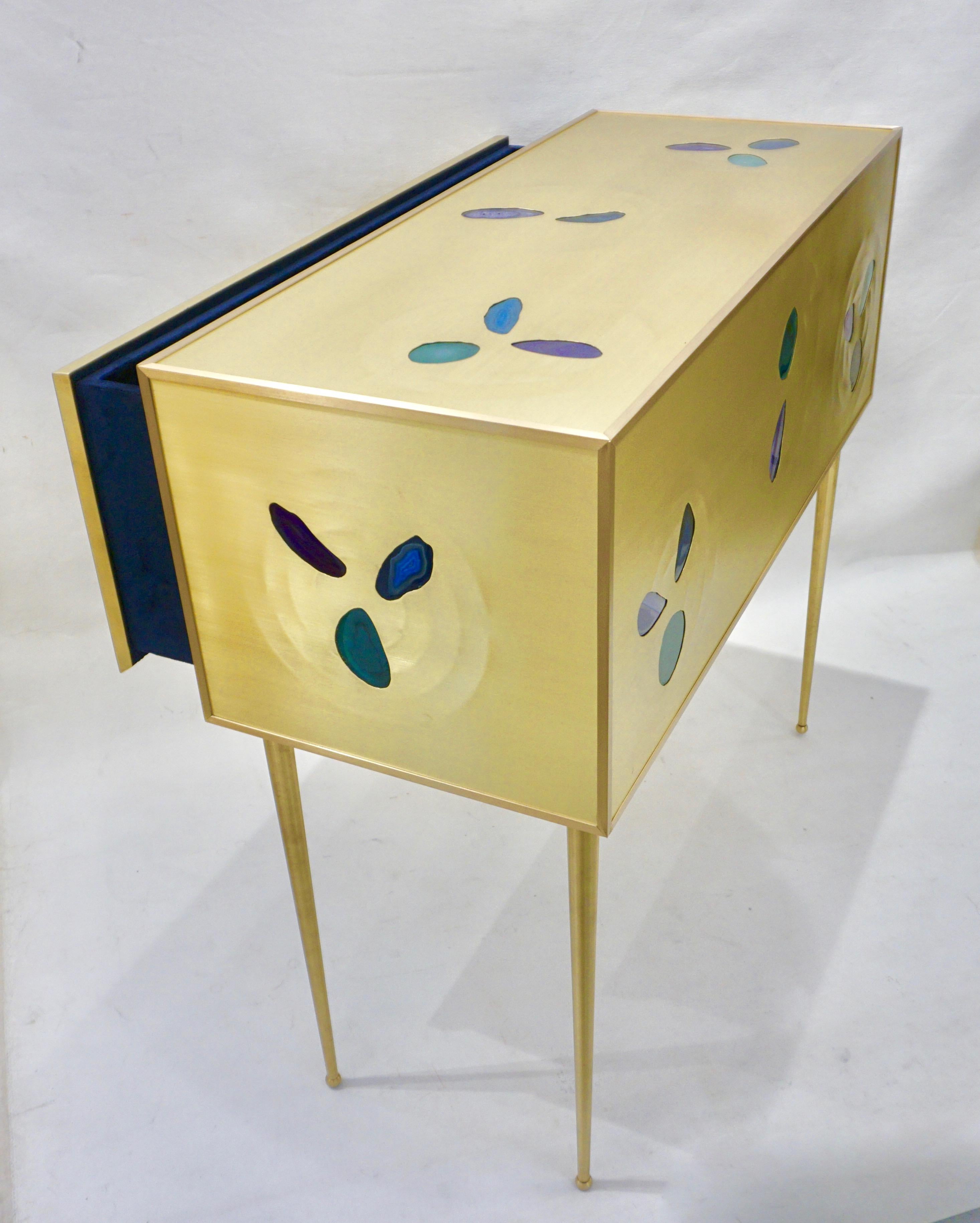 Bespoke Italian Design One Drawer Brass Console with Blue Green Purple Agate For Sale 1