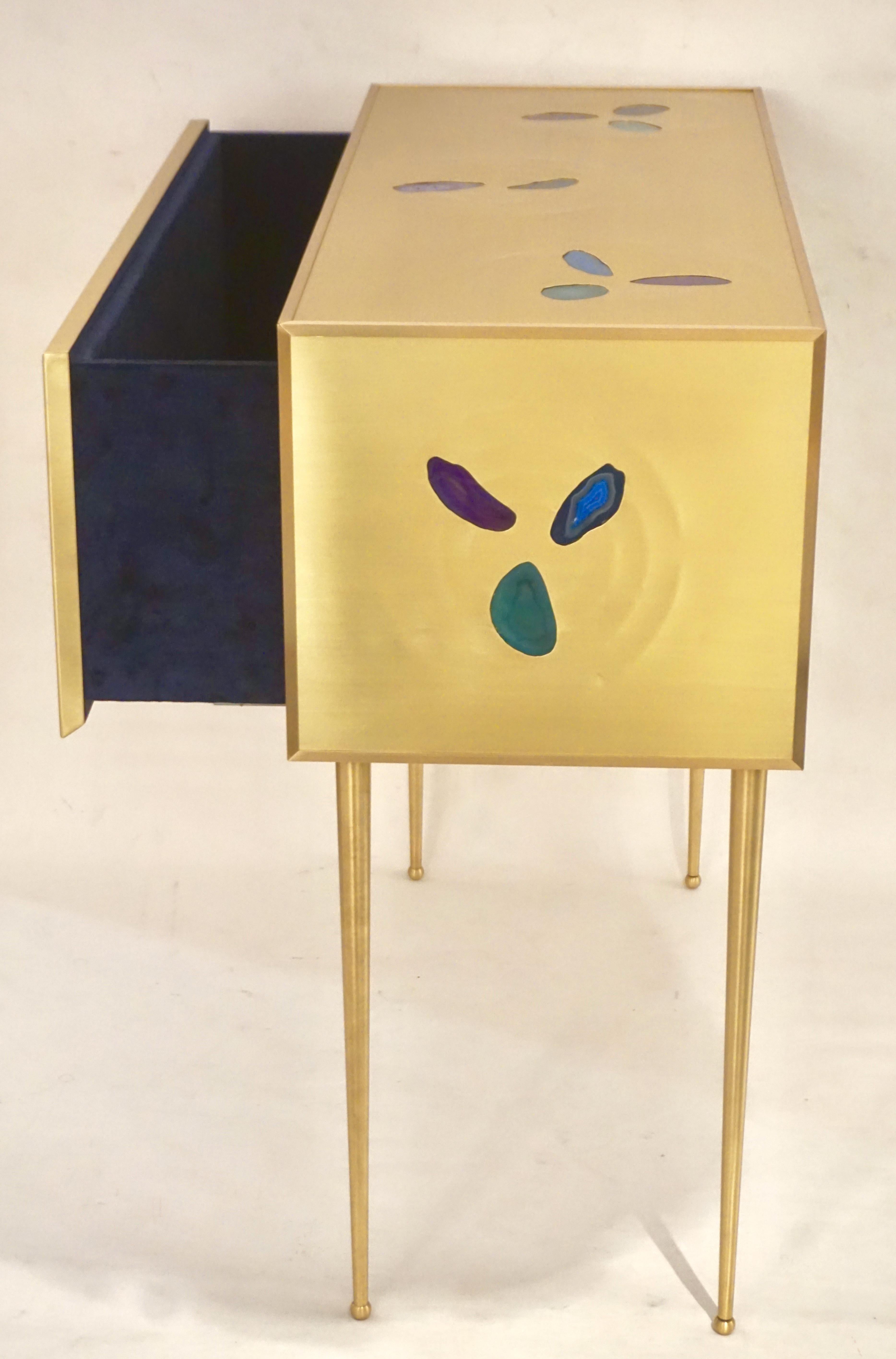 Bespoke Italian Design One Drawer Brass Console with Blue Green Purple Agate For Sale 2