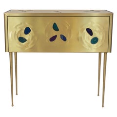 Bespoke Italian Design One Drawer Brass Console with Blue Green Purple Agate