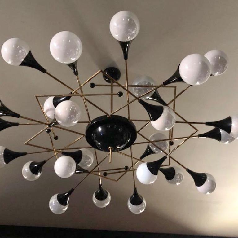 Bespoke Italian Geometric White Glass Black Lacquered Brass 24-Light Flushmount For Sale 4