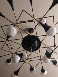 Bespoke Italian Geometric White Glass Black Lacquered Brass 24-Light Flushmount