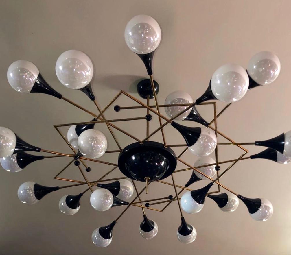 Bespoke Italian Geometric White Glass Black Lacquered Brass 24-Light Flushmount In New Condition For Sale In New York, NY
