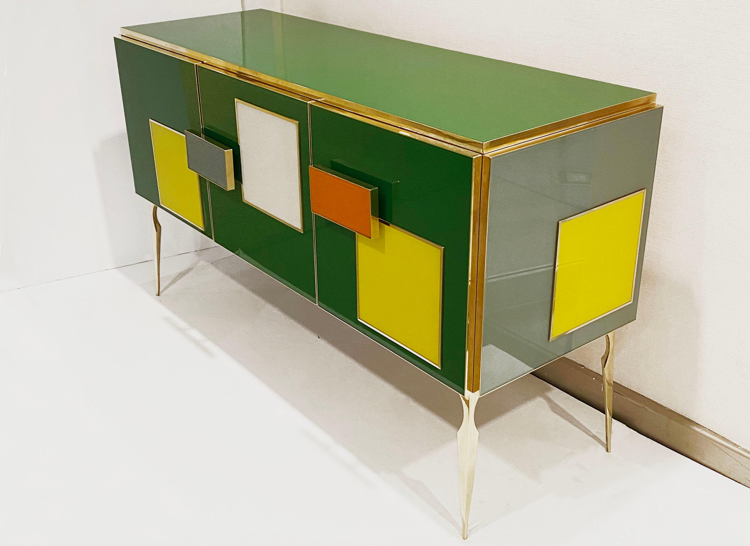 Bespoke Italian Green Orange Yellow Grey Geometric Postmodern Cabinet/Sideboard For Sale 2