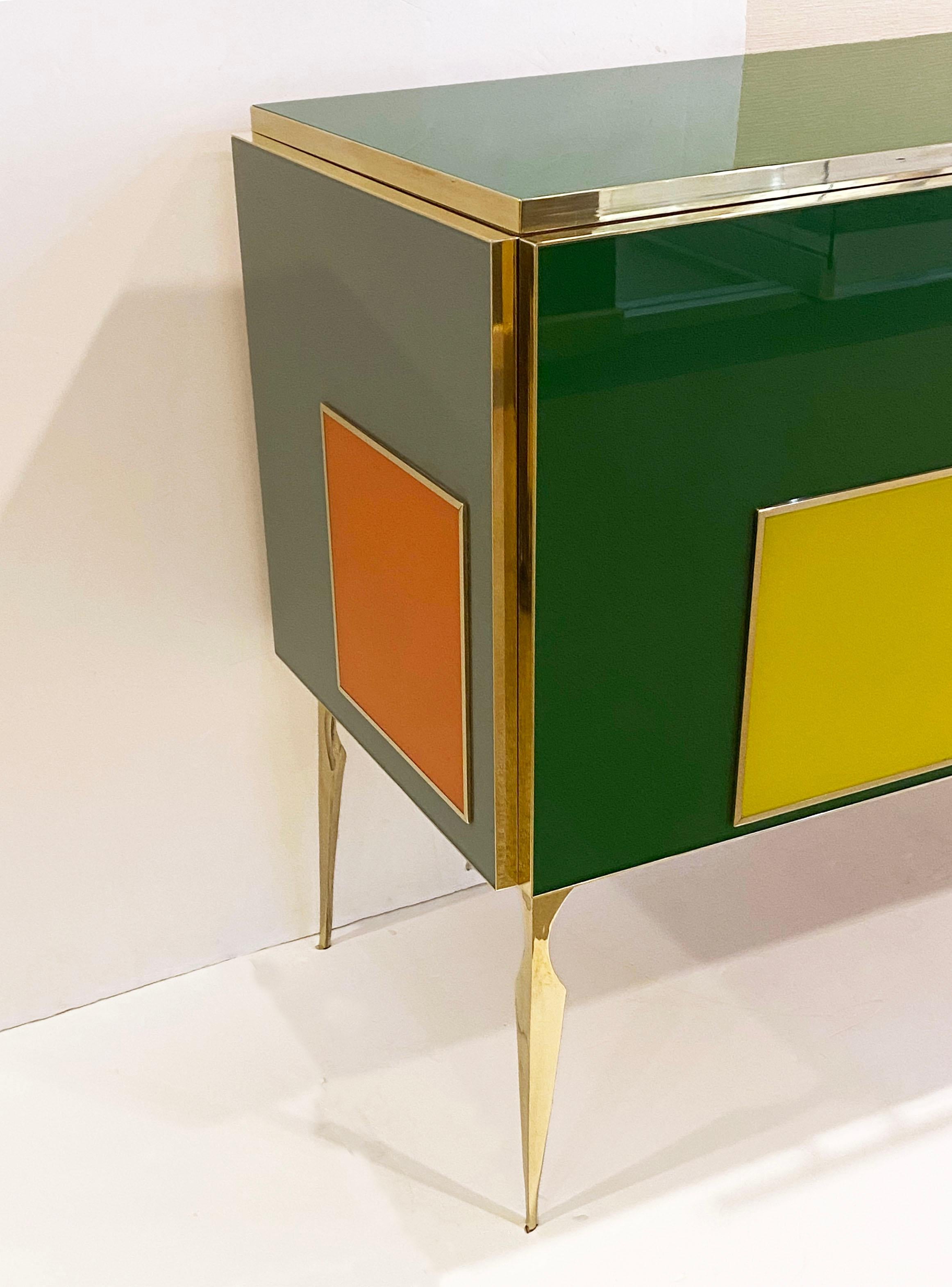 Hand-Crafted Bespoke Italian Green Orange Yellow Gray Geometric Postmodern Cabinet/Sideboard For Sale
