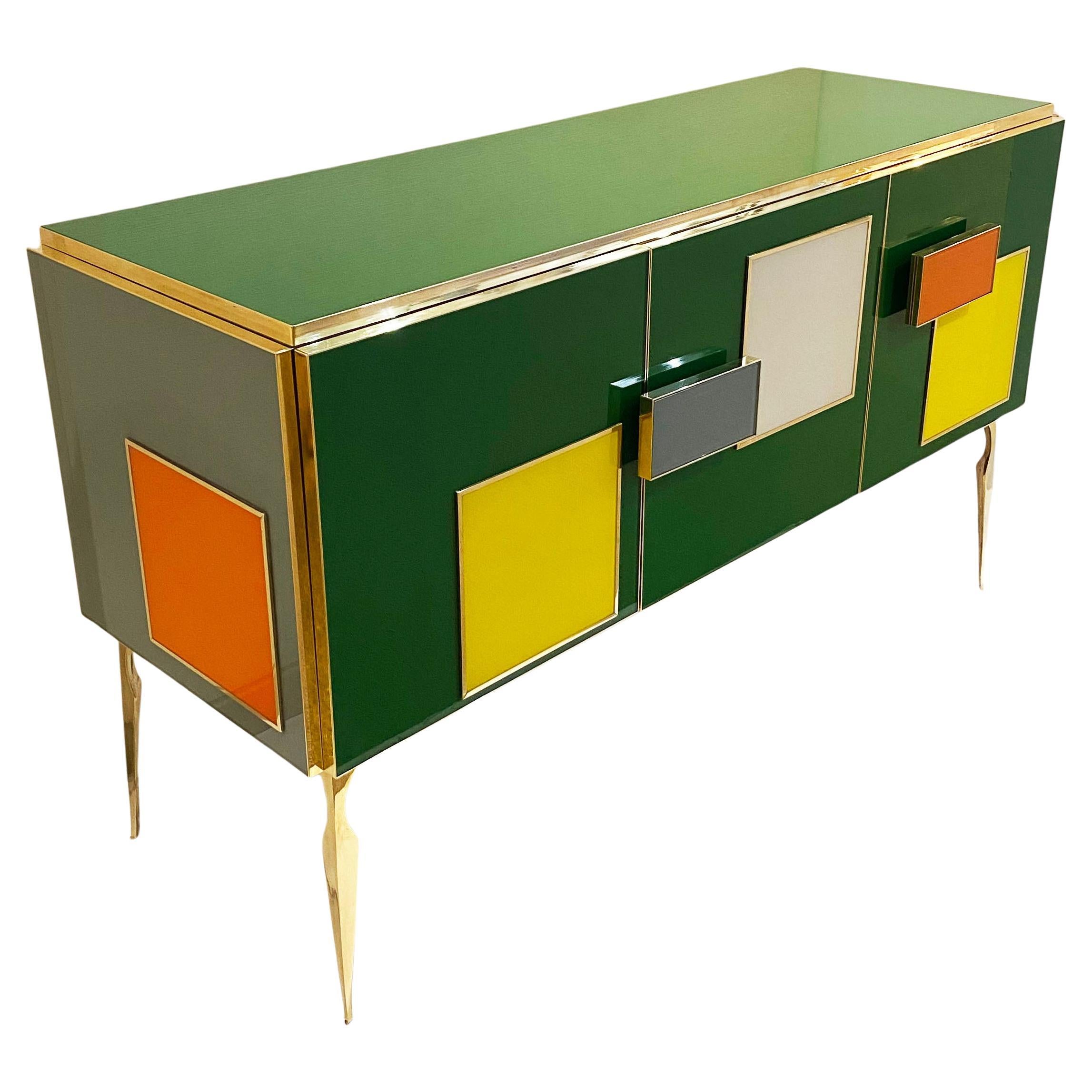 Buffet italien sur mesure de style postmoderne gomtrique vert, orange, jaune et gris en vente