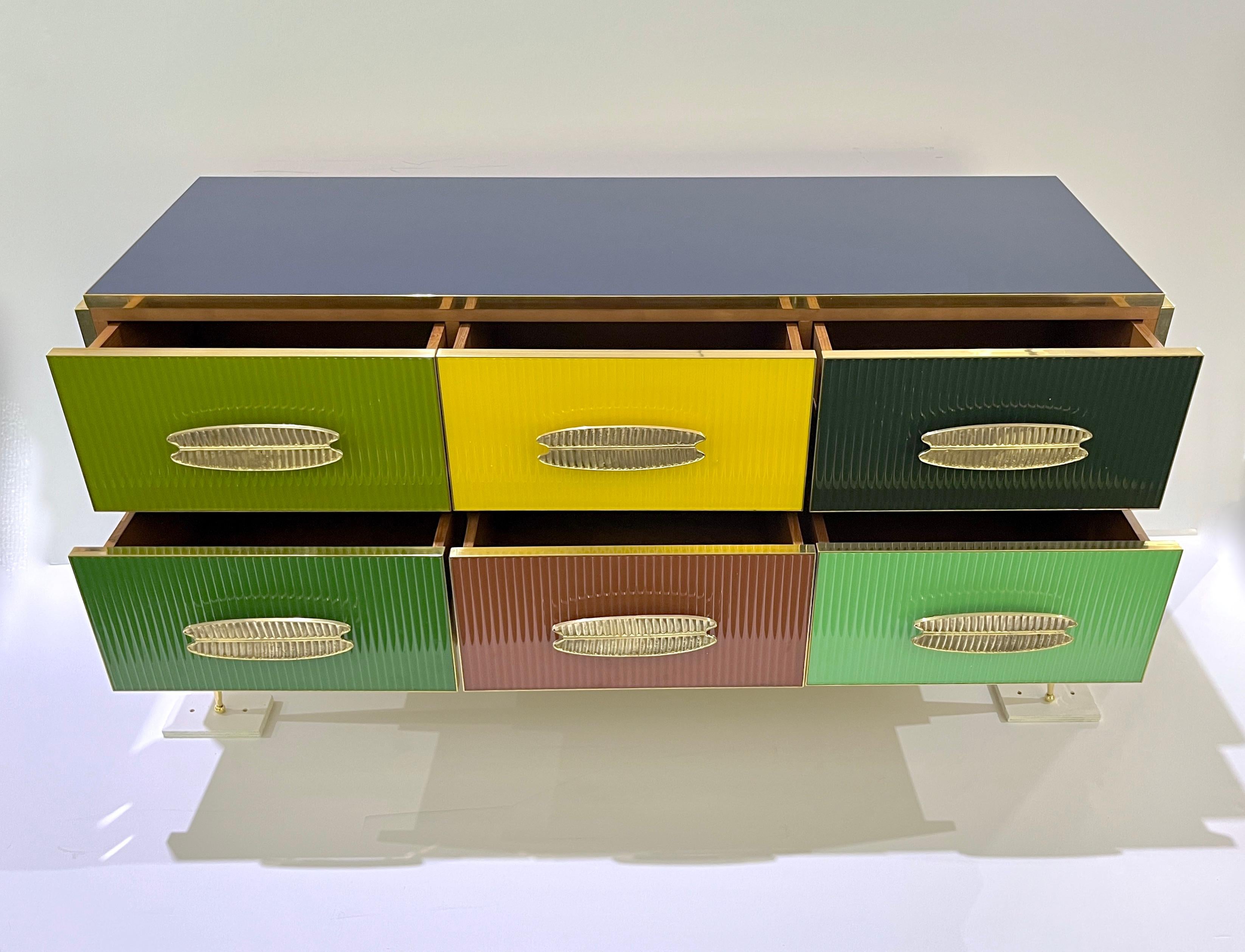 Post-Modern Bespoke Italian Green Yellow Brown Gray Blue Modern Brass 6-Drawer Dresser/Chest For Sale
