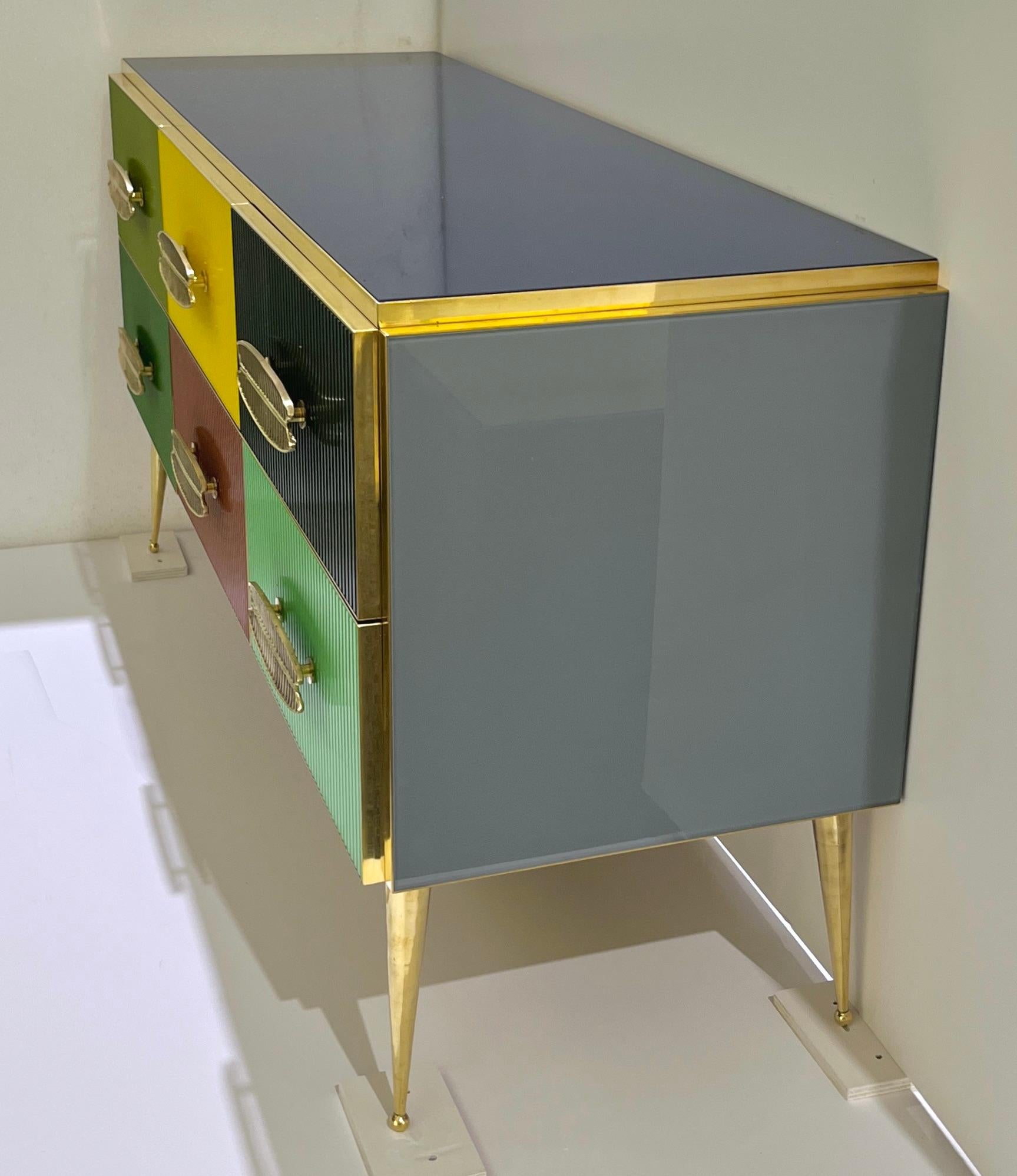 Bespoke Italian Green Yellow Brown Gray Blue Modern Brass 6-Drawer Dresser/Chest In New Condition For Sale In New York, NY