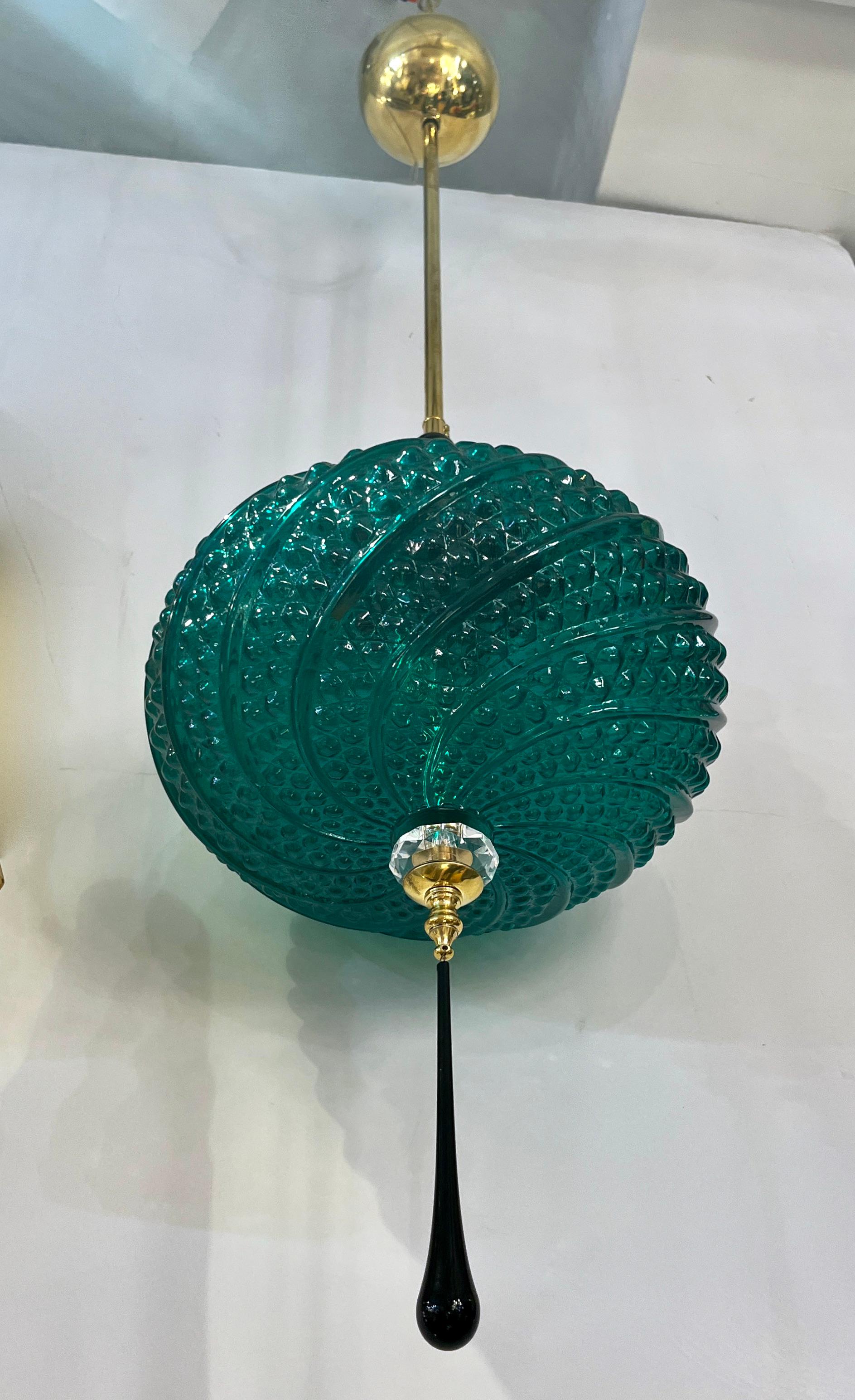 Bespoke Italian Horizontal Emerald Green Black Murano Glass Brass Oval Pendant For Sale 4