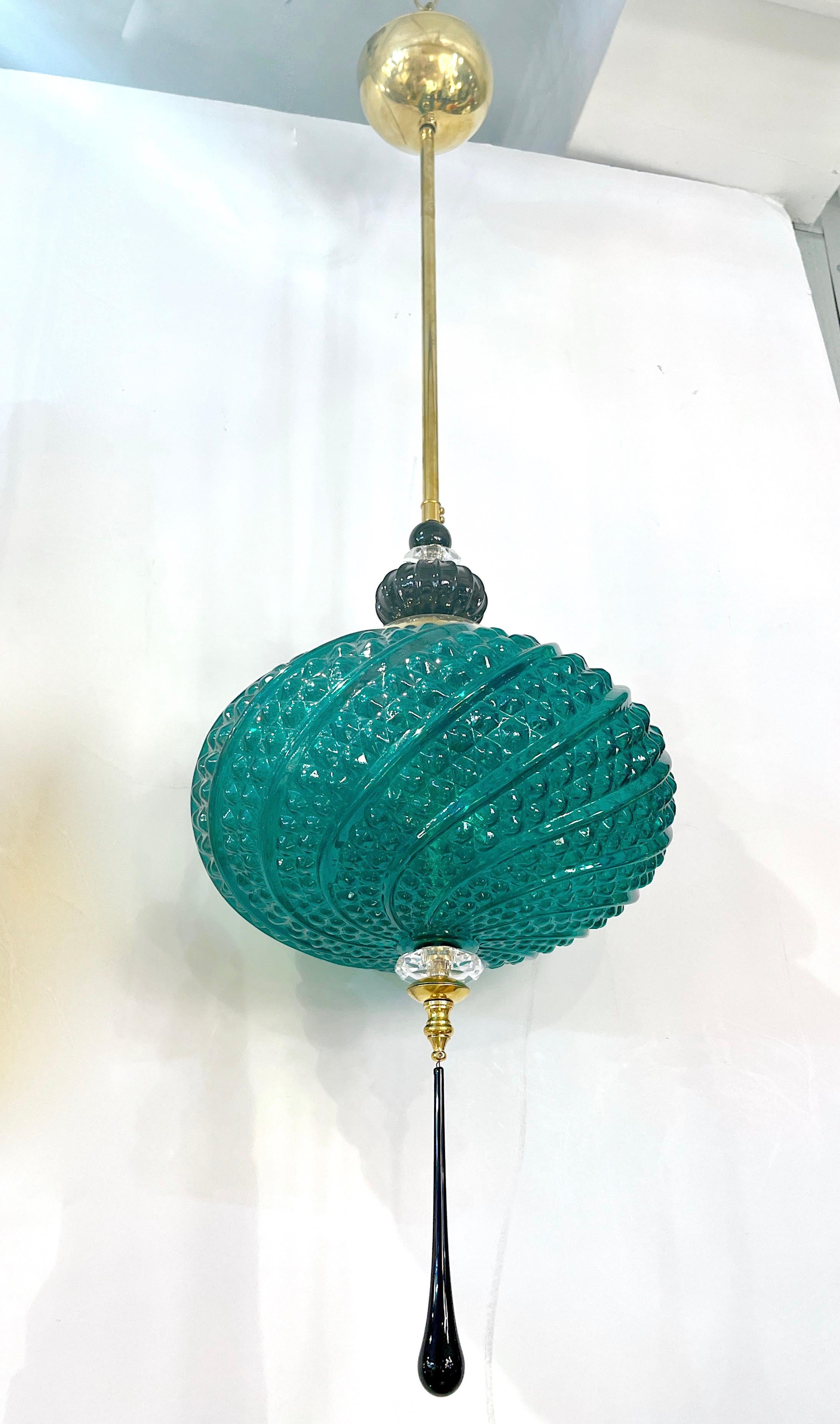 Bespoke Italian Horizontal Emerald Green Black Murano Glass Brass Oval Pendant For Sale 5