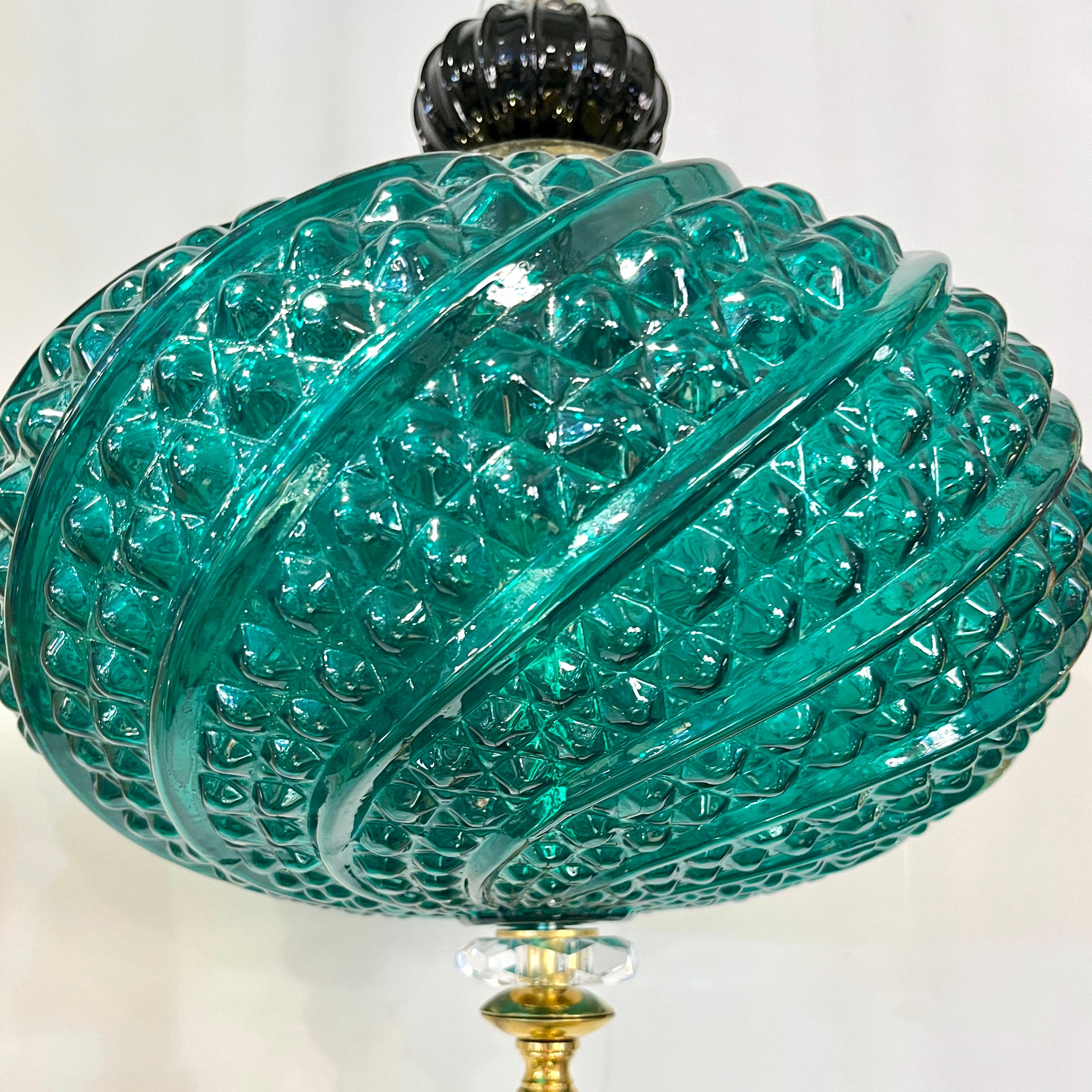 Organic Modern Bespoke Italian Horizontal Emerald Green Black Murano Glass Brass Oval Pendant For Sale