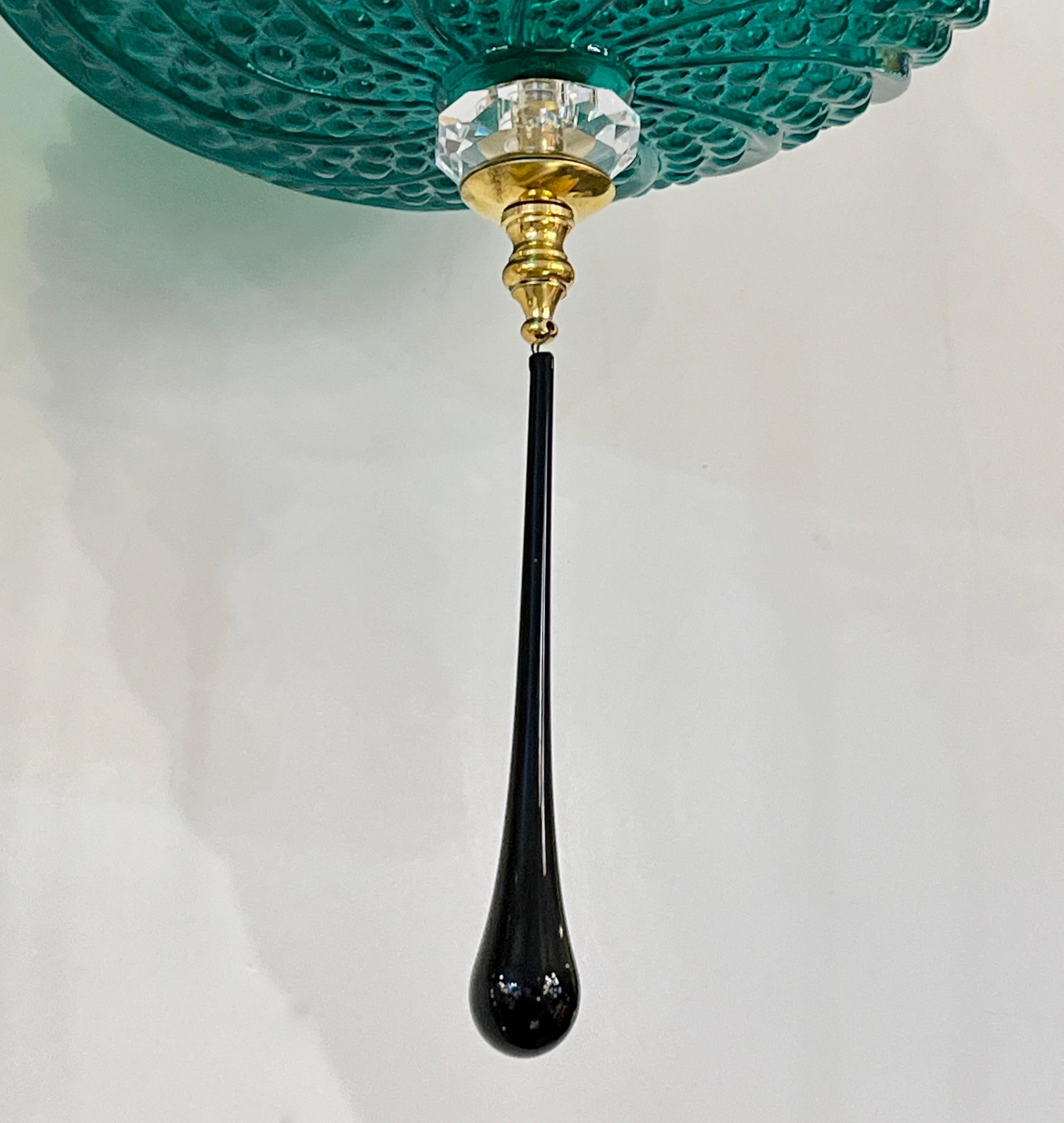 Hand-Crafted Bespoke Italian Horizontal Emerald Green Black Murano Glass Brass Oval Pendant For Sale