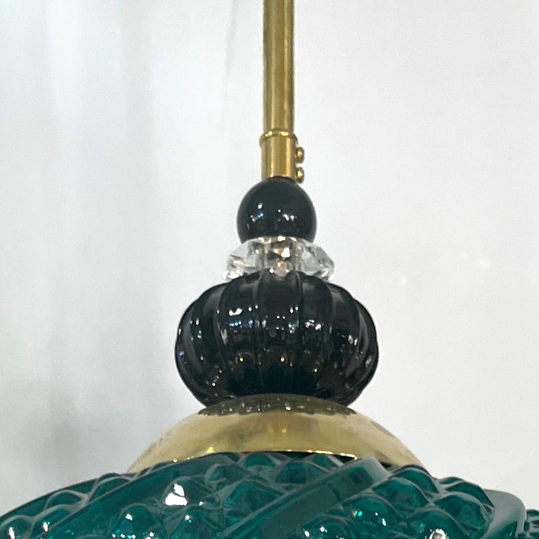 Contemporary Bespoke Italian Horizontal Emerald Green Black Murano Glass Brass Oval Pendant For Sale