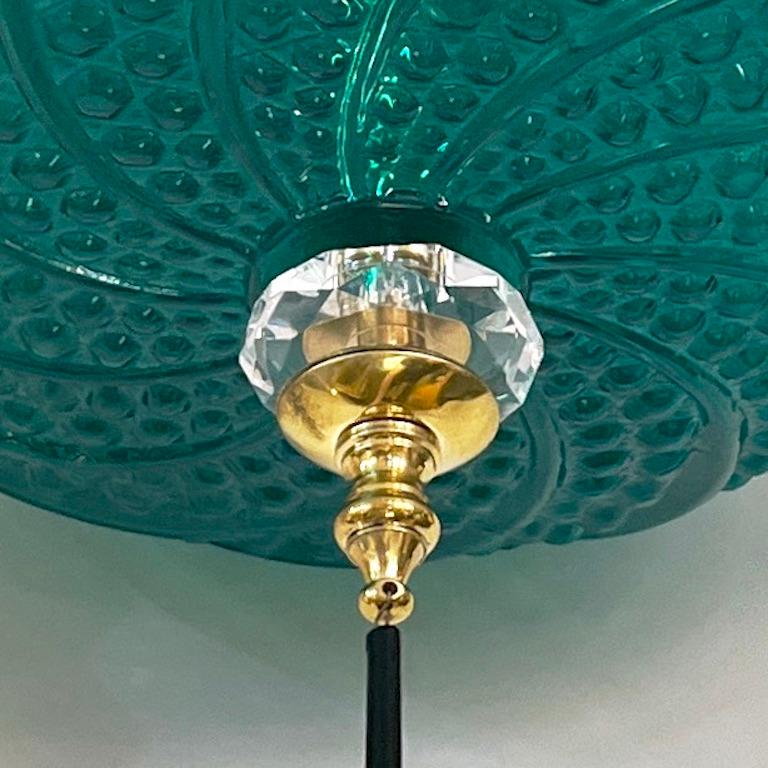 Bespoke Italian Horizontal Emerald Green Black Murano Glass Brass Oval Pendant For Sale 1