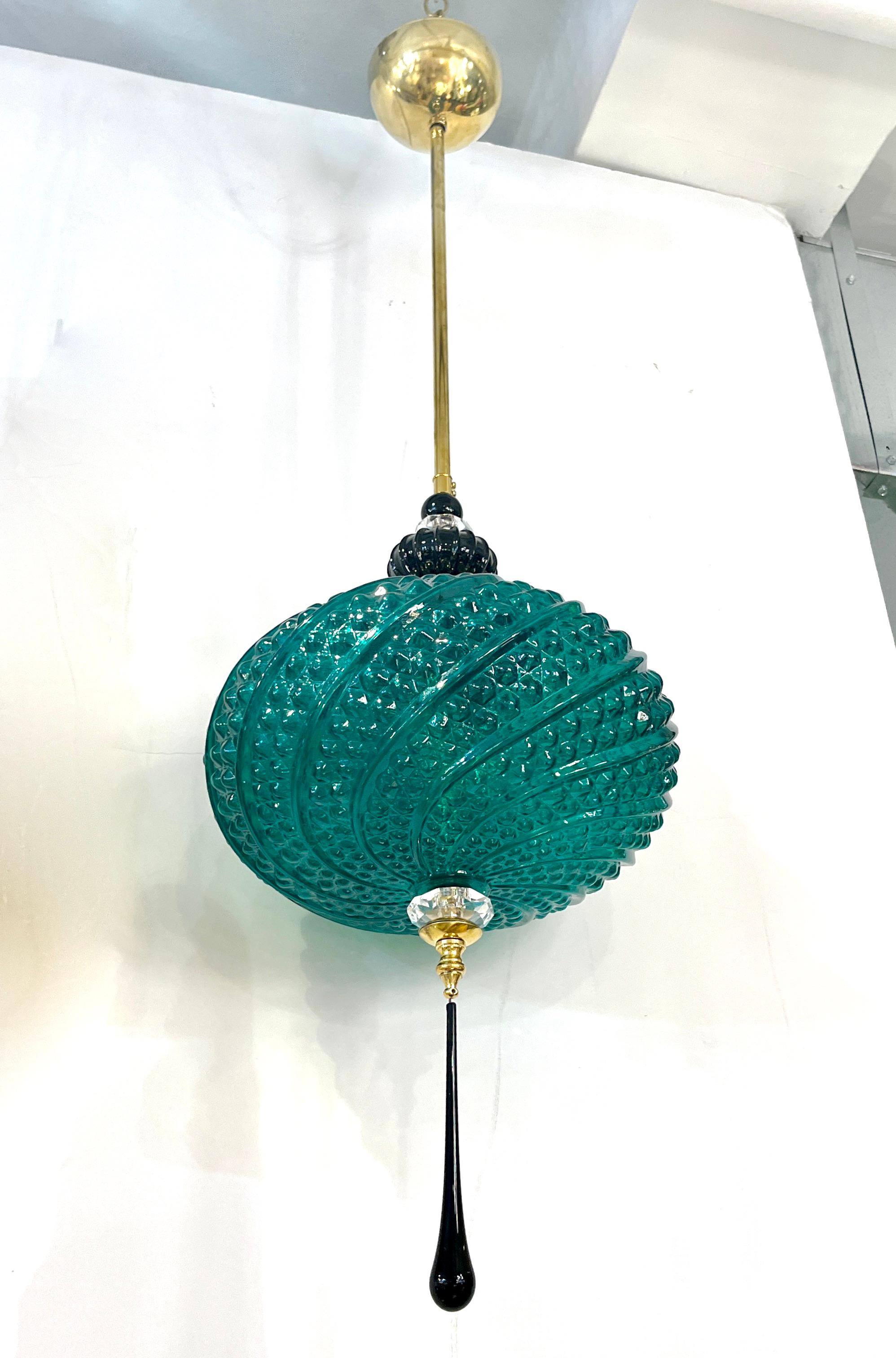 Bespoke Italian Horizontal Emerald Green Black Murano Glass Brass Oval Pendant For Sale 3
