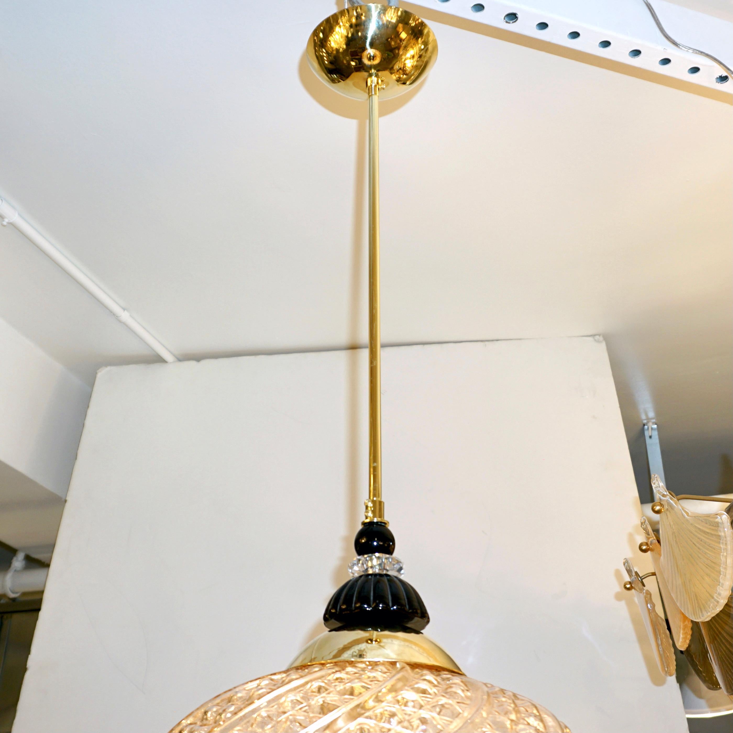 Bespoke Italian Horizontal Oval Black and Pink Murano Glass Brass Pendant Light For Sale 7