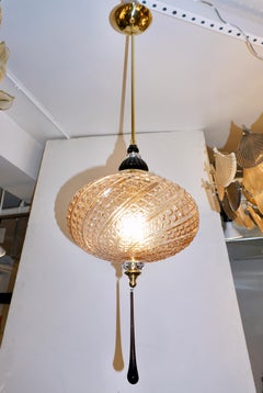 Bespoke Italian Horizontal Oval Black and Pink Murano Glass Brass Pendant Light