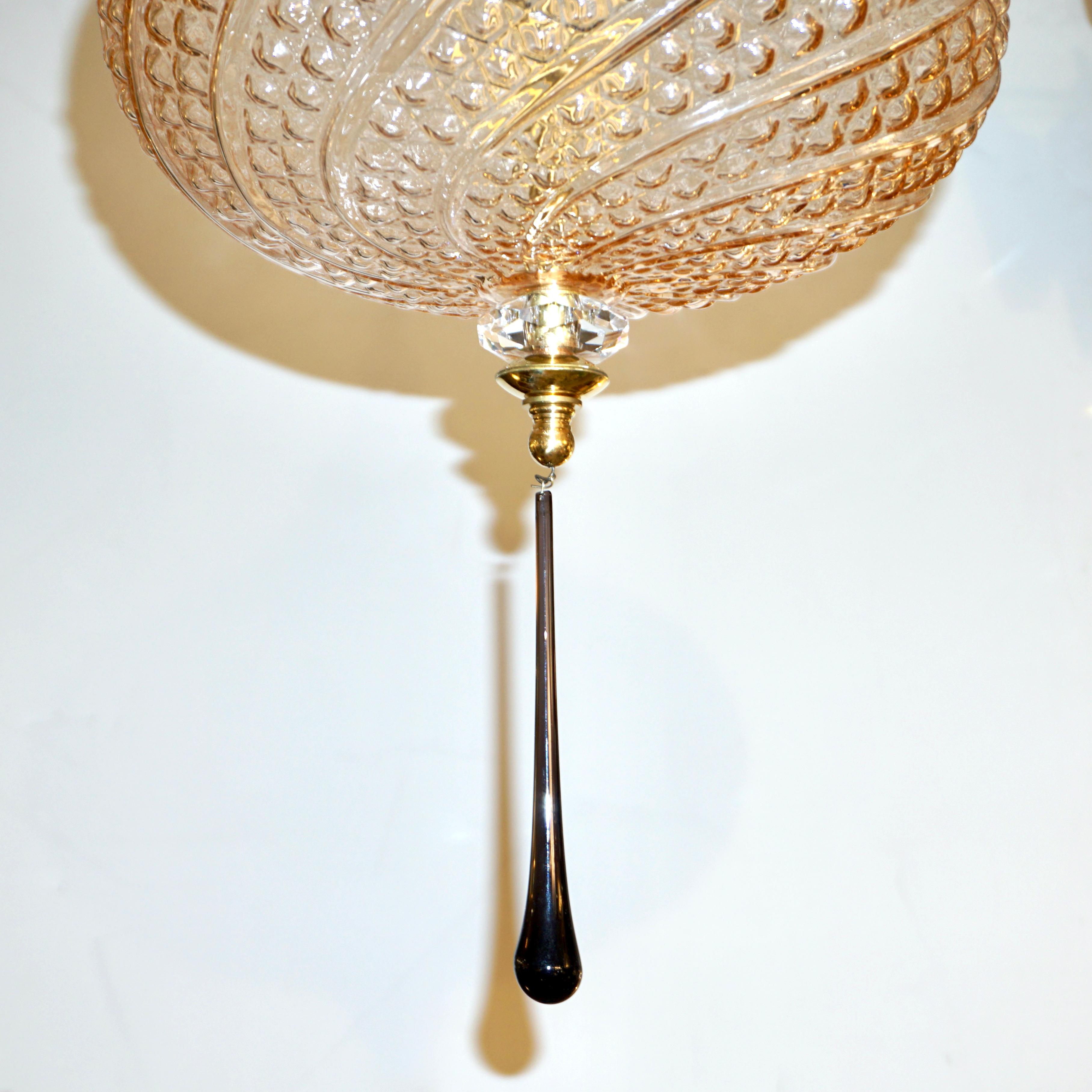 Contemporary Bespoke Italian Horizontal Oval Black and Pink Murano Glass Brass Pendant Light For Sale