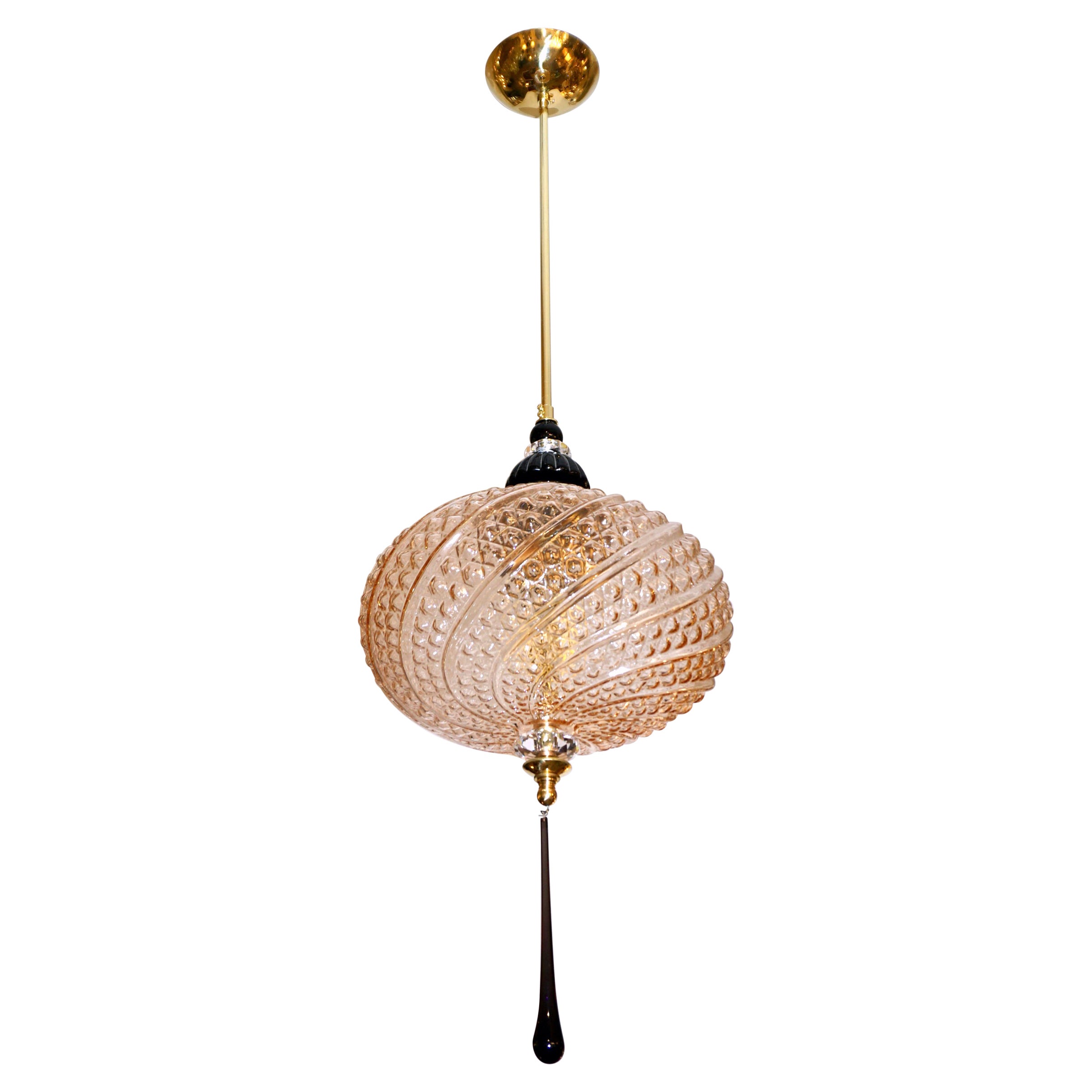 Lámpara colgante italiana a medida, ovalada y horizontal, de latón y cristal de Murano negro y rosa