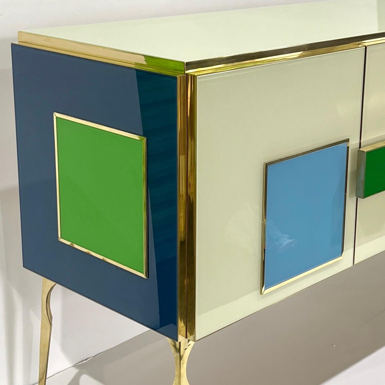 Hand-Crafted Bespoke Italian Ivory Yellow Green Blue Geometric Postmodern Cabinet/Sideboard For Sale