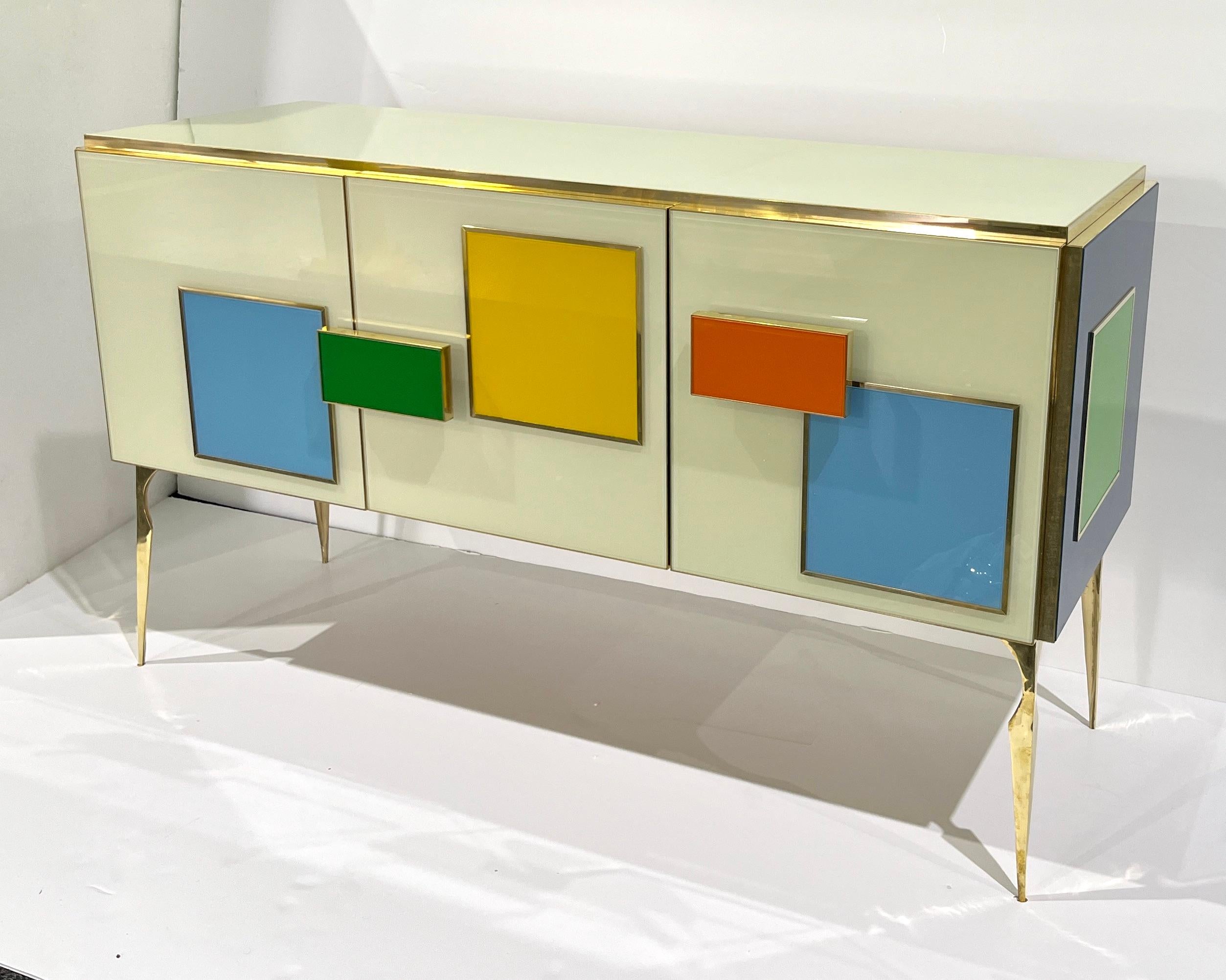 Bespoke Italian Ivory Yellow Green Blue Geometric Postmodern Cabinet/Sideboard In New Condition For Sale In New York, NY