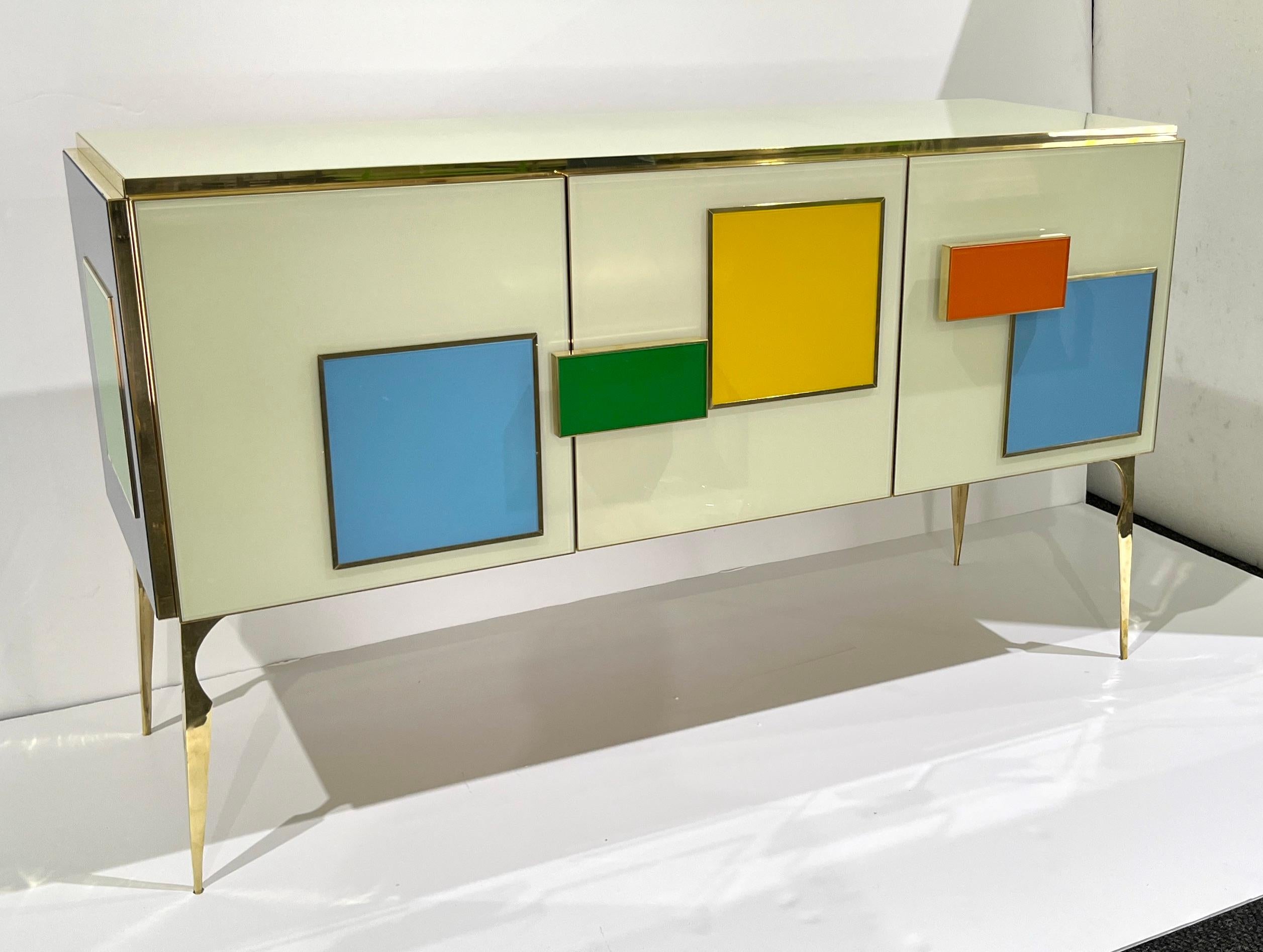 Contemporary Bespoke Italian Ivory Yellow Green Blue Geometric Postmodern Cabinet/Sideboard For Sale