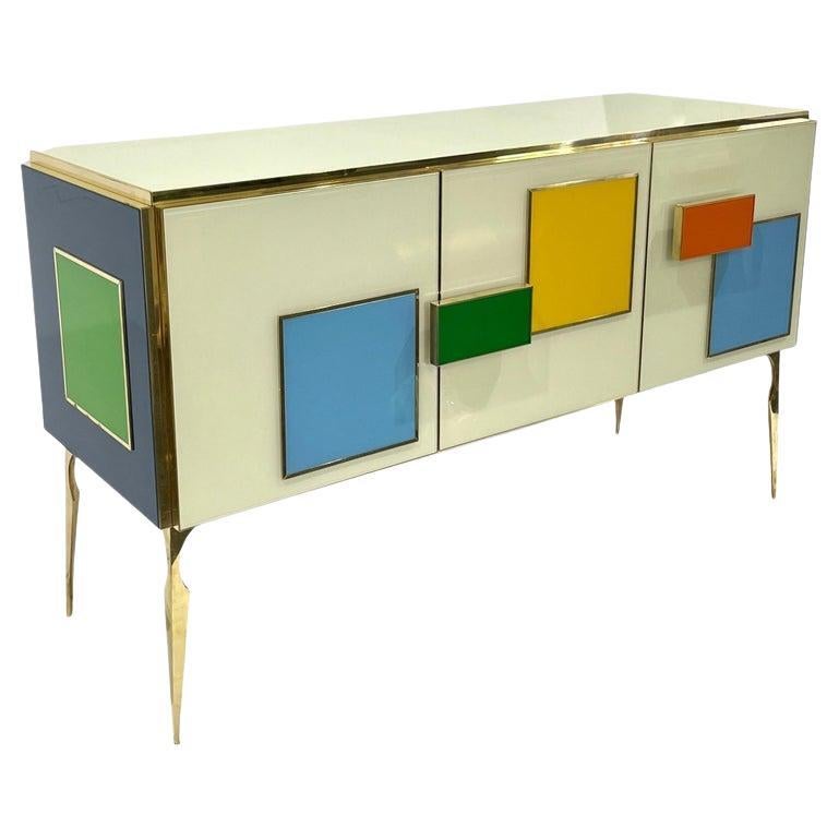 Bespoke Italian Ivory Yellow Green Blue Geometric Postmodern Cabinet/Sideboard For Sale