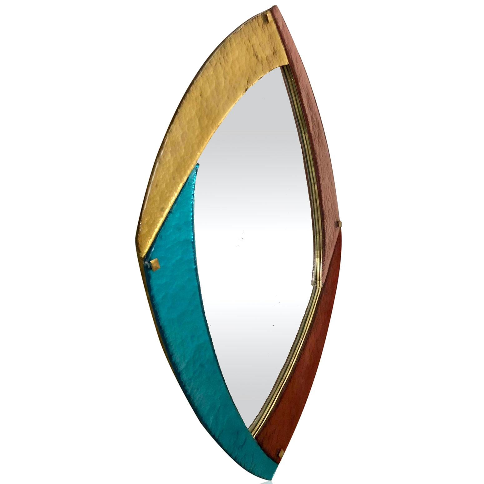 Wood Bespoke Italian Memphis Design Gold Pink Turquoise Burgundy Murano Glass Mirror For Sale