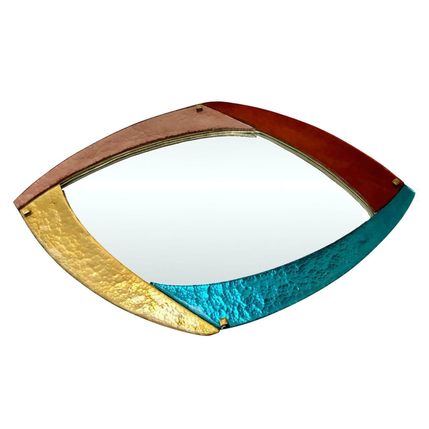 A pair is available now. Contemporary custom-made modern mirror, entirely hand-made in Italy, of organic stylized oval shape, and can be displayed horizontally or vertically. Of unique Memphis-inspired design, this Art glass mirror has 4