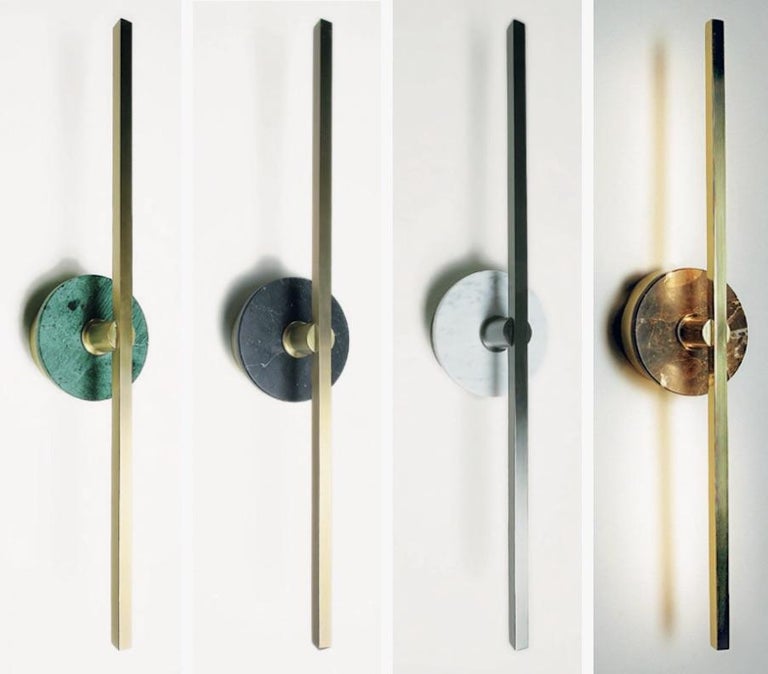 Hand-Crafted Bespoke Italian Minimalist Brown Marble Satin Brass Vertical / Horizontal Sconce For Sale