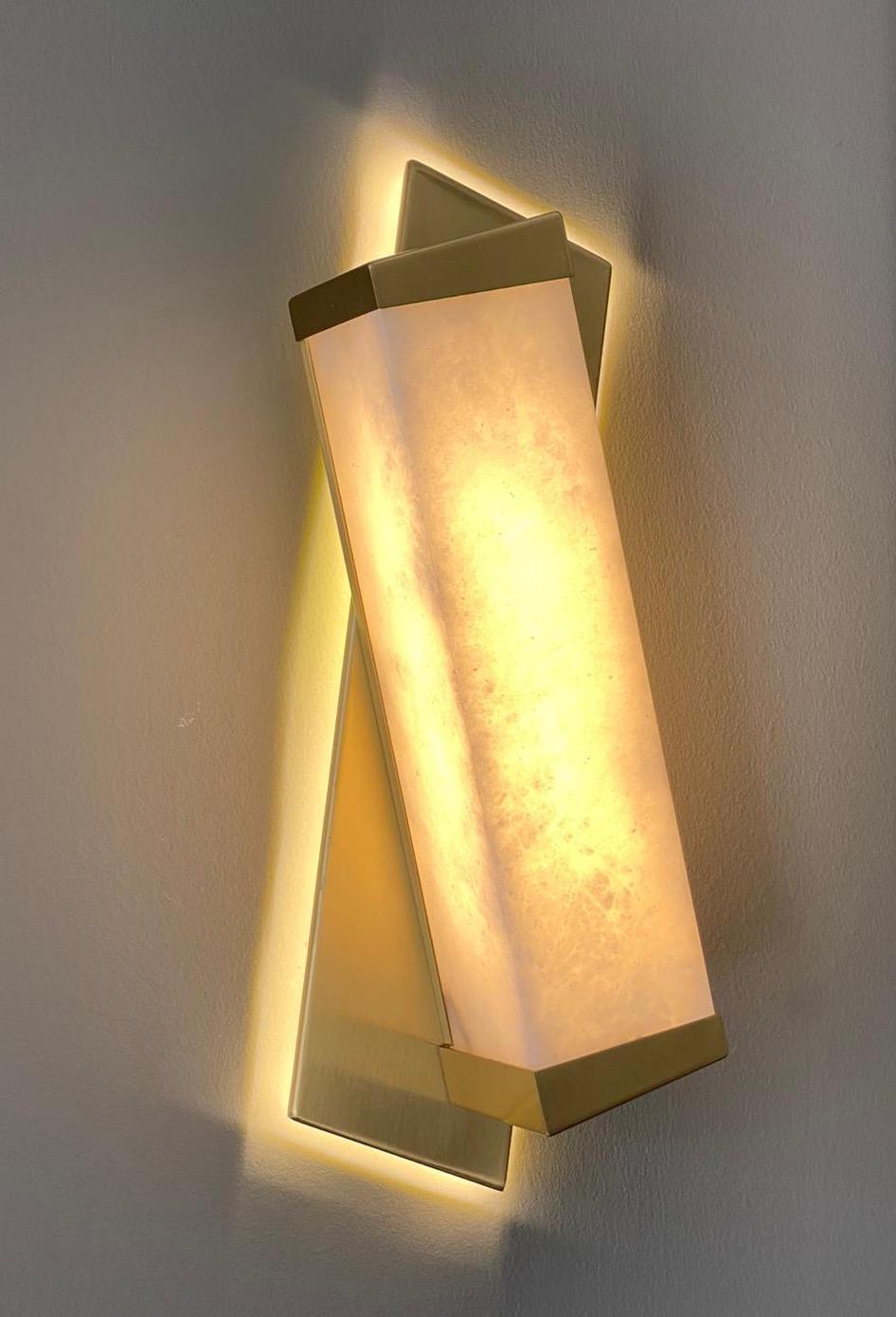 Hand-Crafted Bespoke Italian Minimalist Geometric Offset Alabaster & Light Bronze Wall Light