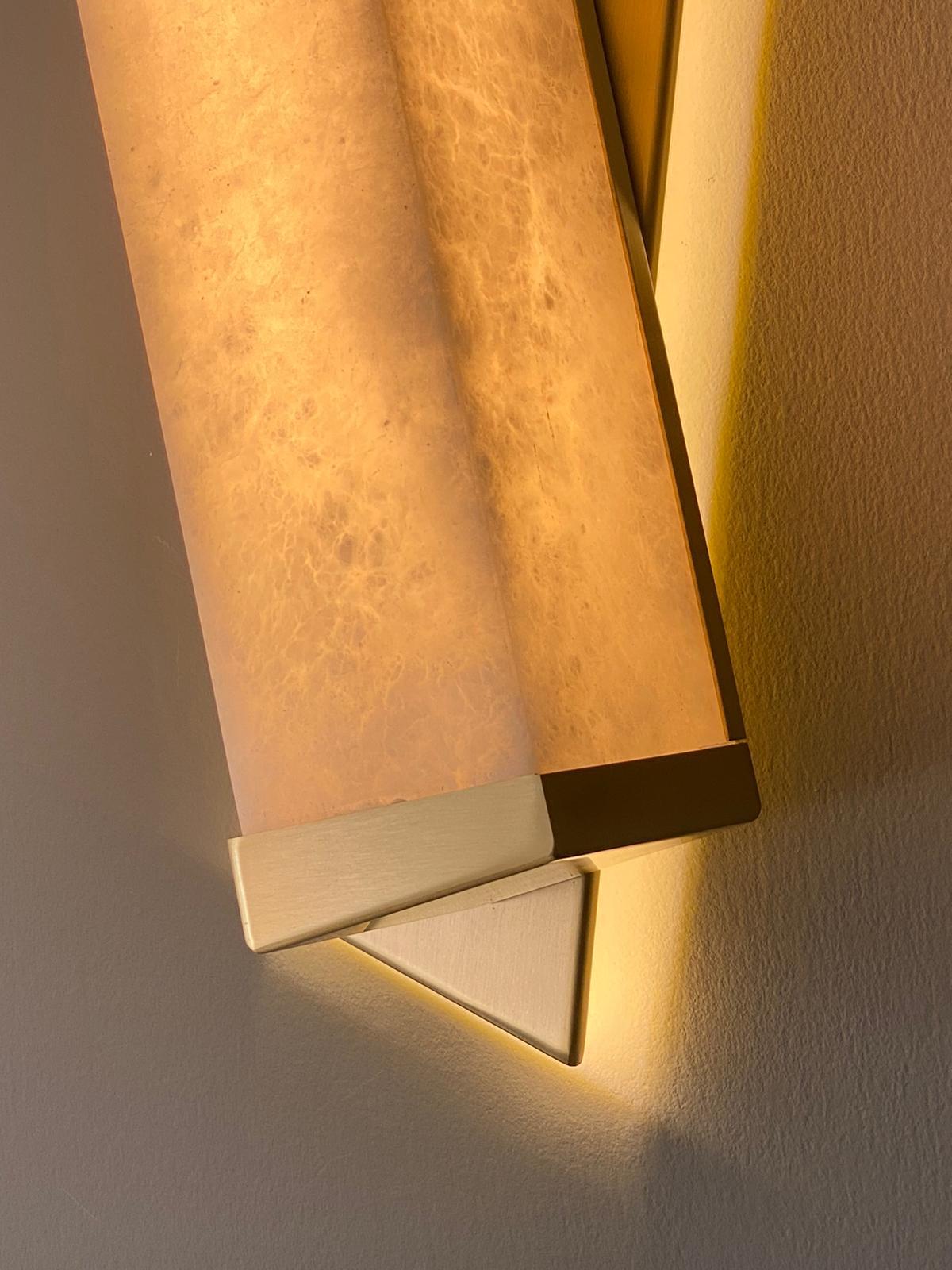 Brass Bespoke Italian Minimalist Geometric Offset Alabaster & Light Bronze Wall Light