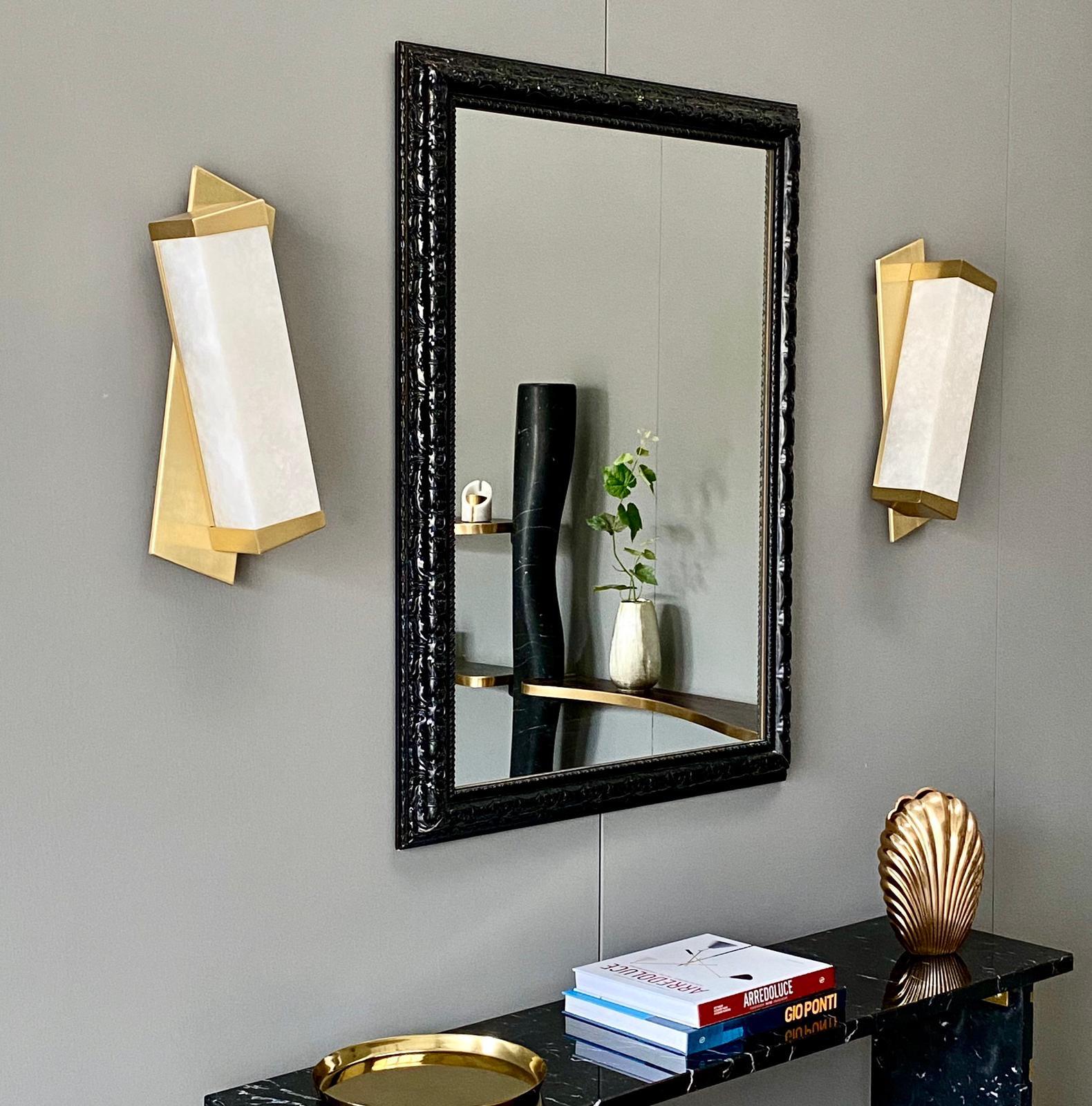 Brass Bespoke Italian Minimalist Geometric Offset Alabaster & Light Bronze Wall Light