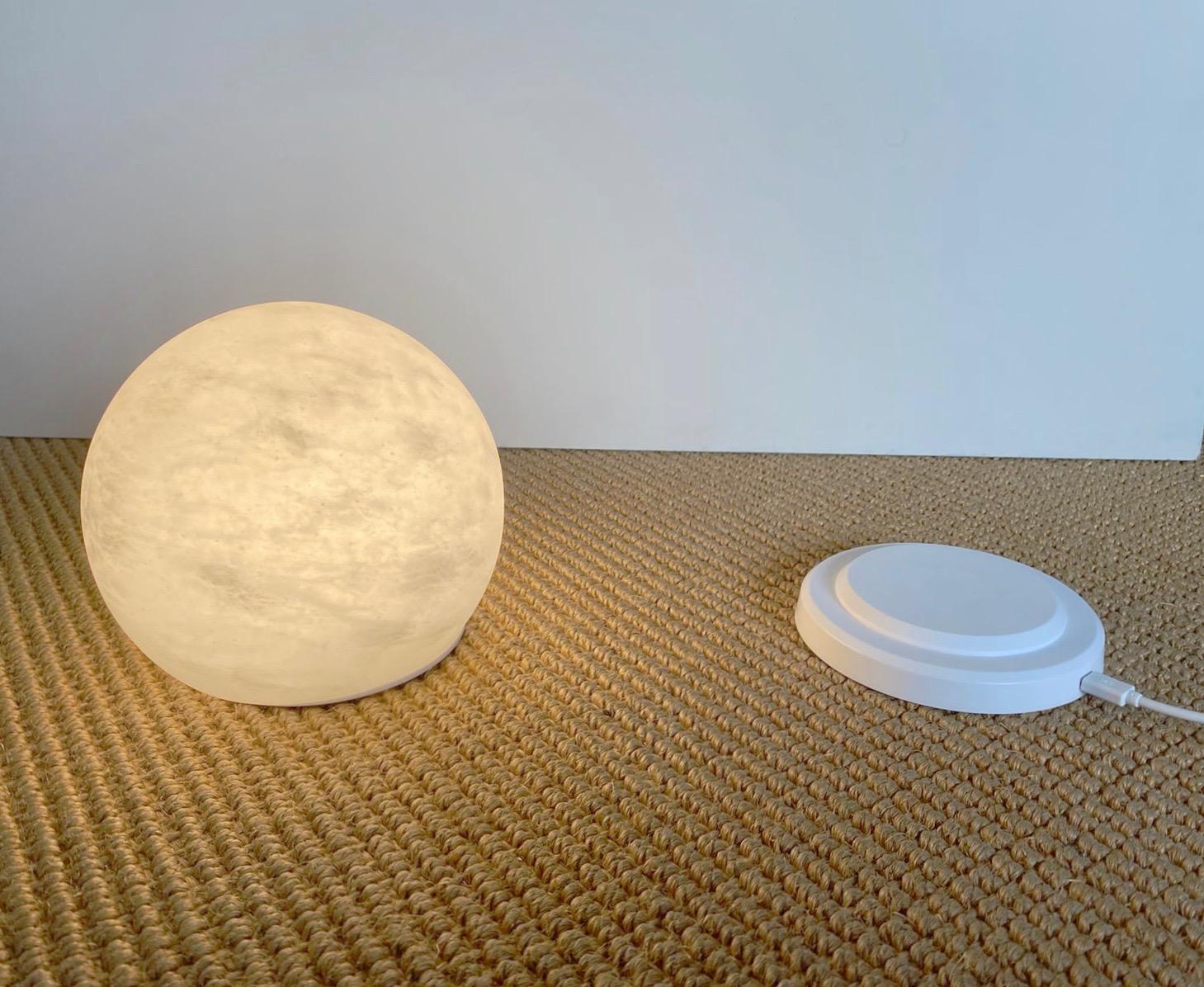 Bespoke Italian Minimalist White Alabaster Moon Wireless Round Table/Desk Lamp For Sale 8