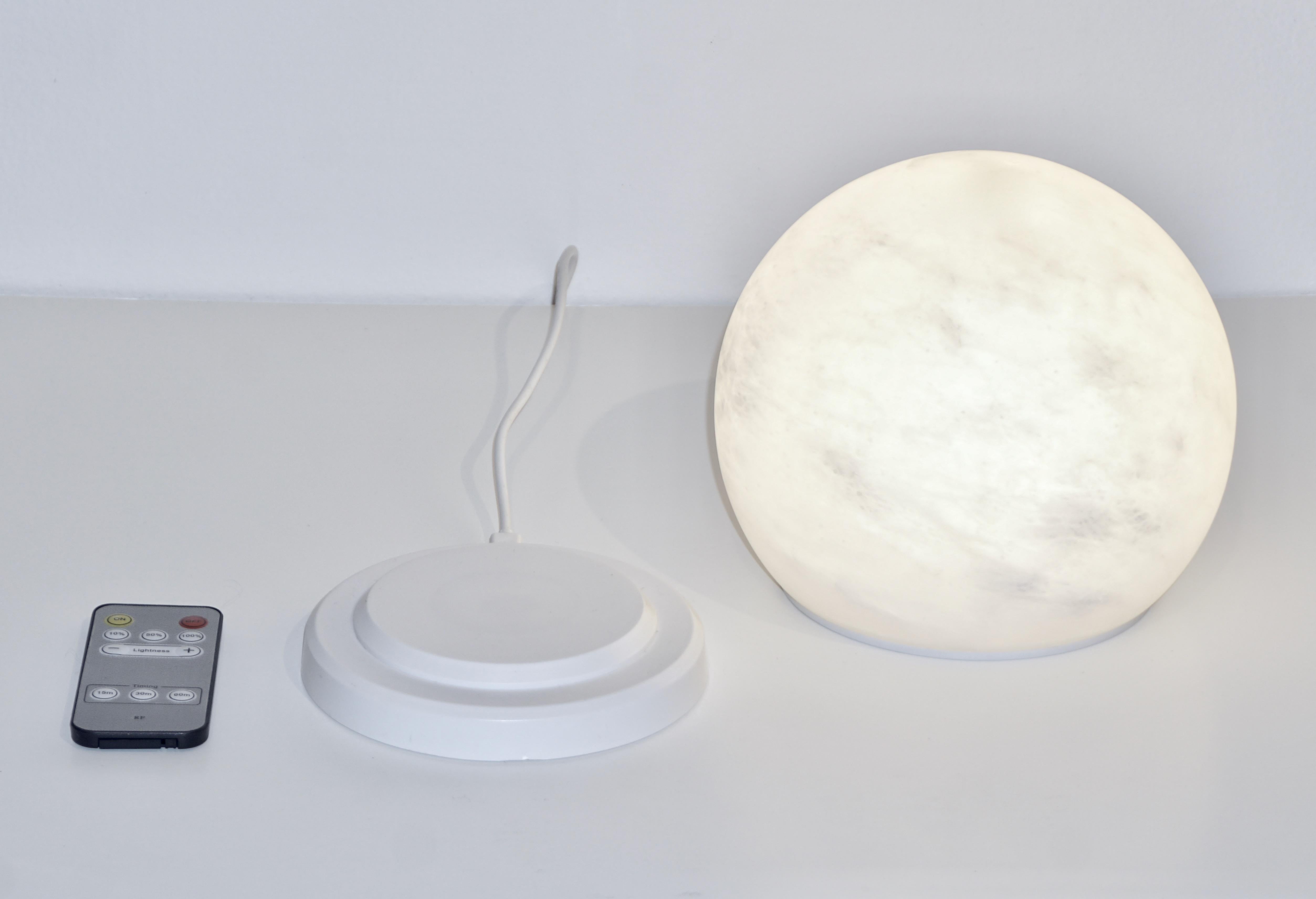 Hand-Crafted Bespoke Italian Minimalist White Alabaster Moon Wireless Round Table/Desk Lamp For Sale