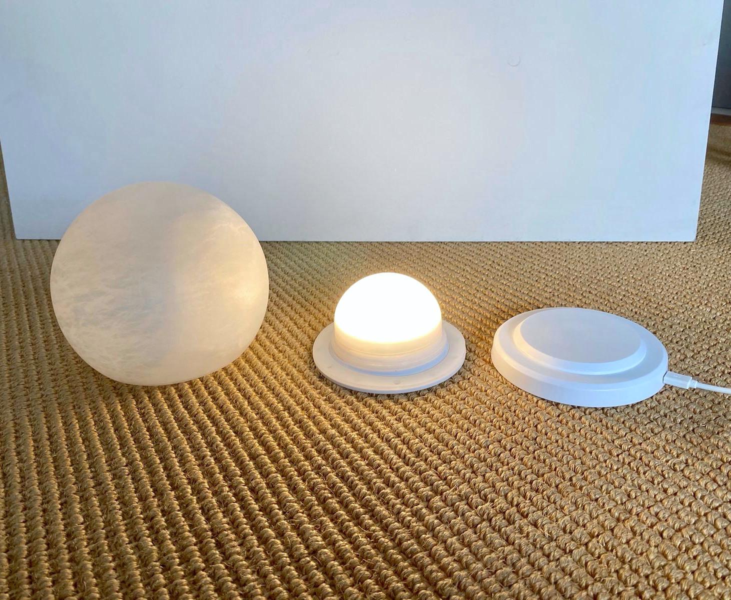 Hand-Crafted Bespoke Italian Minimalist White Alabaster Moon Wireless Round Table/Desk Lamp For Sale