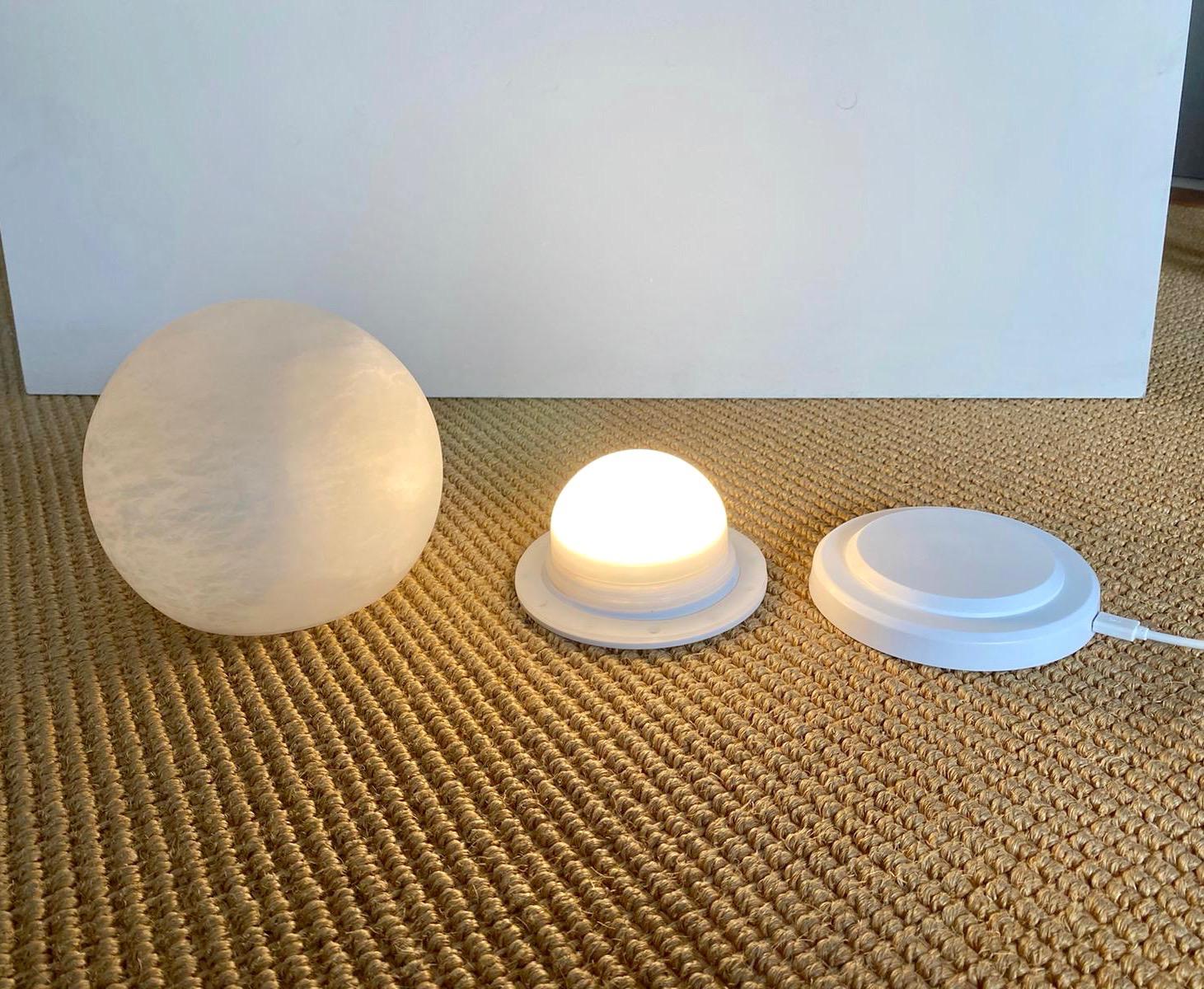 Bespoke Italian Minimalist White Alabaster Moon Wireless Round Table/Desk Lamp For Sale 1